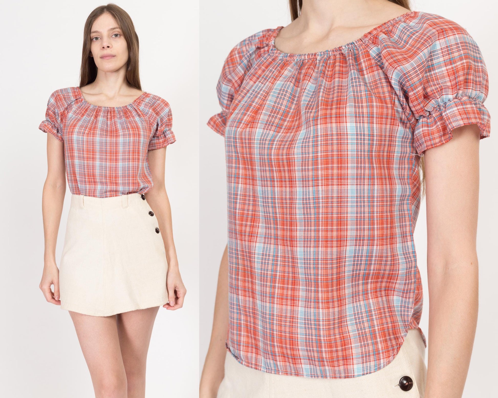 XS-Sm 70s Boho Plaid Puff Sleeve Top | Vintage Red Blue Short Sleeve Rockabilly Shirt