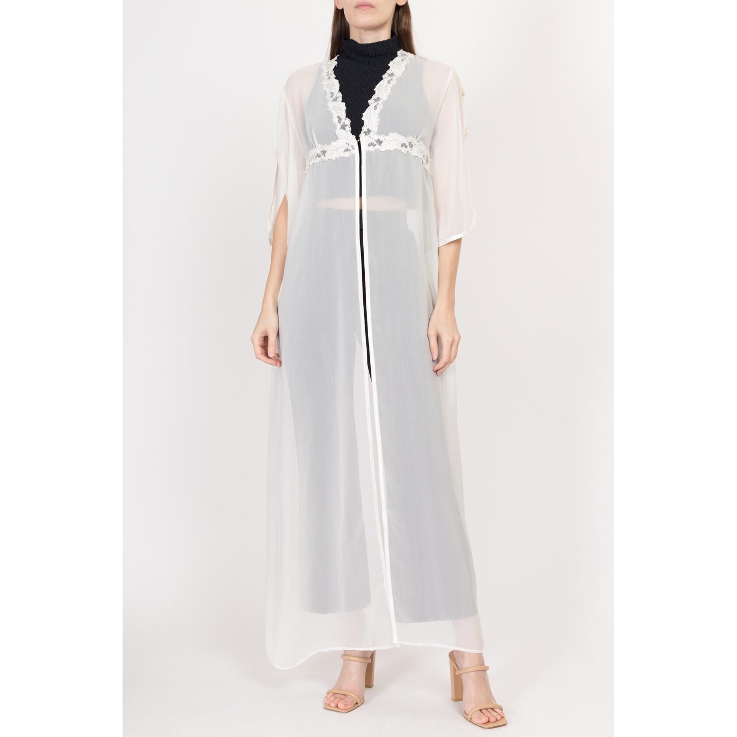 Medium 90s Sheer White Maxi Peignoir | Vintage Satin Trim Negligee Robe Cover Up