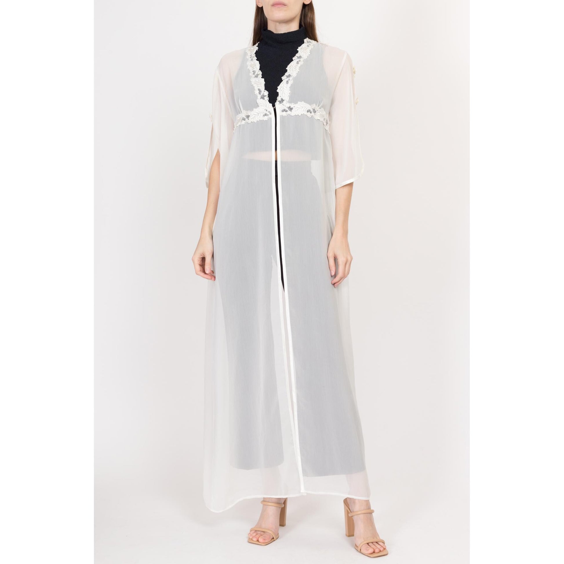 Medium 90s Sheer White Maxi Peignoir | Vintage Satin Trim Negligee Robe Cover Up