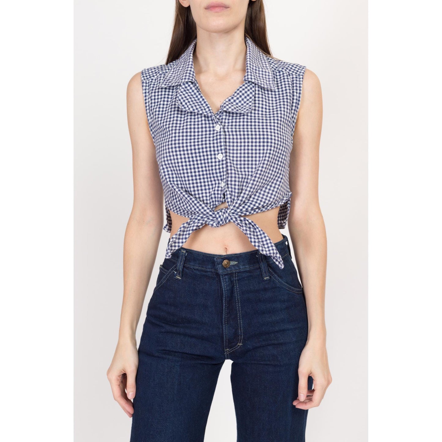 Small 90s Navy Blue & White Gingham Tie Front Crop Top | Vintage Button Up Sleeveless Plaid Collared Shirt