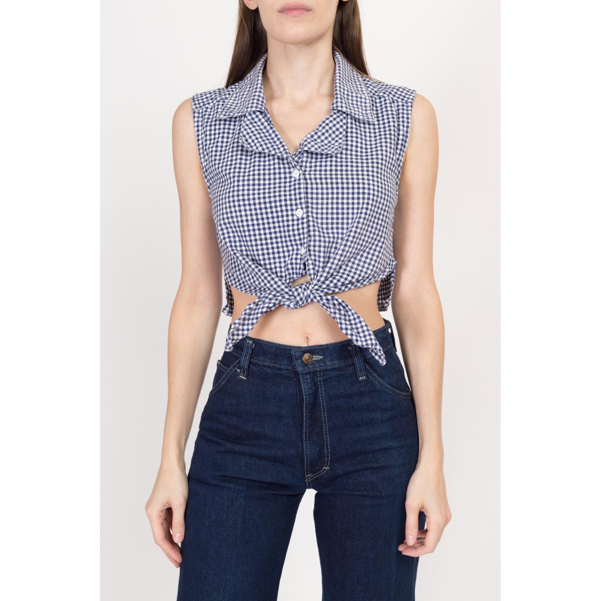 Small 90s Navy Blue & White Gingham Tie Front Crop Top | Vintage Button Up Sleeveless Plaid Collared Shirt