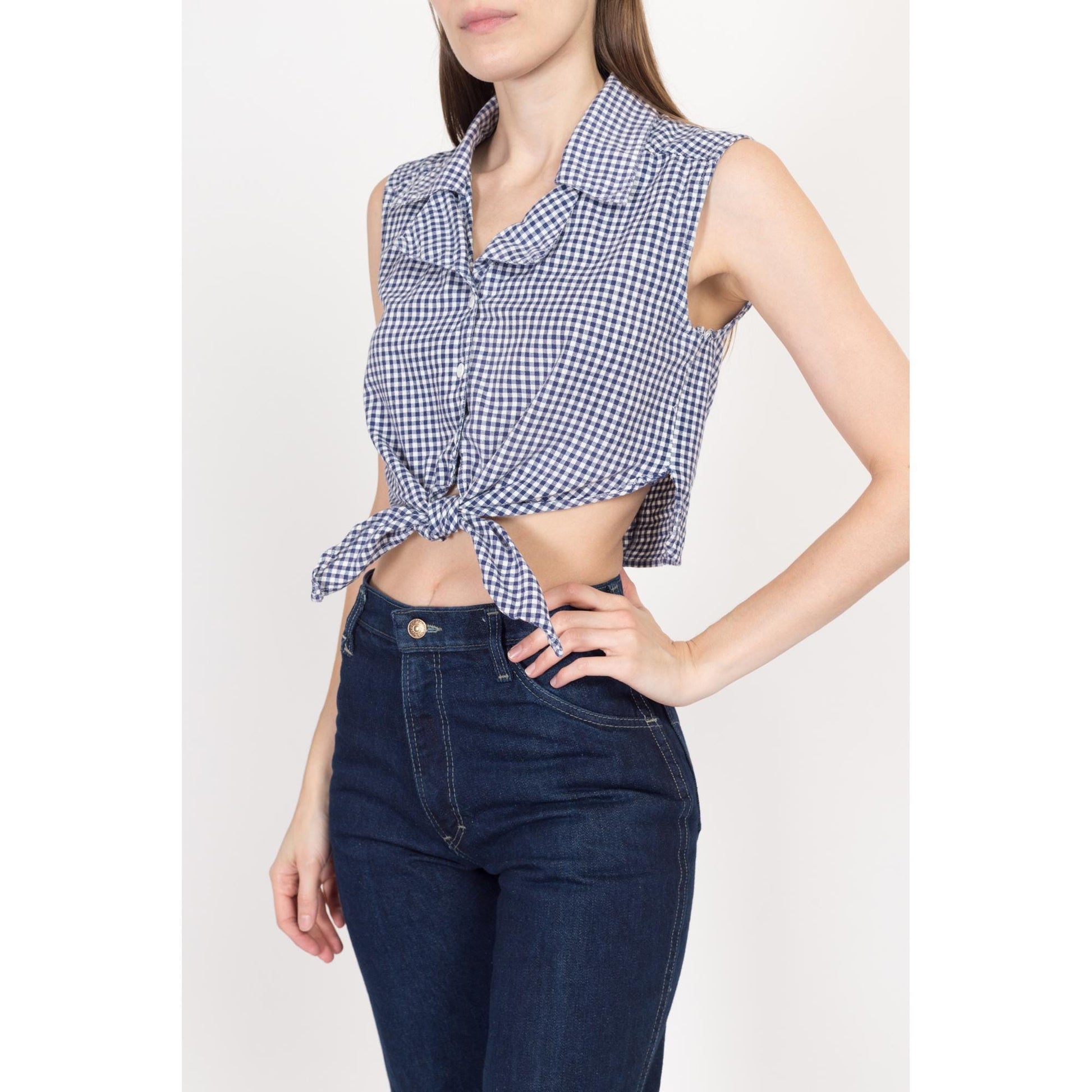 Small 90s Navy Blue & White Gingham Tie Front Crop Top | Vintage Button Up Sleeveless Plaid Collared Shirt
