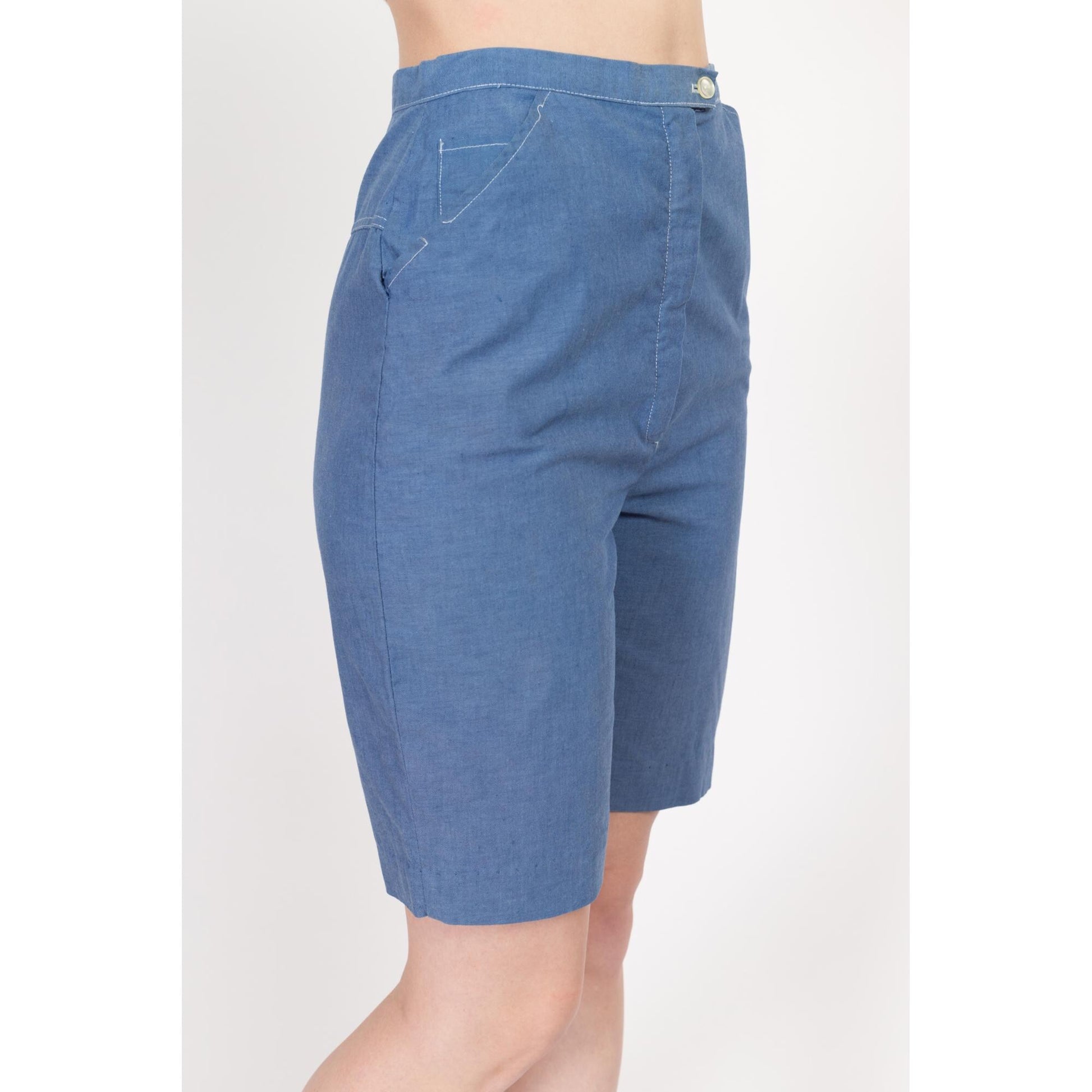 XS 60s Blue High Waisted Bermuda Shorts 25" | Retro Vintage Hourglass Curvy Fit Long Inseam Shorts