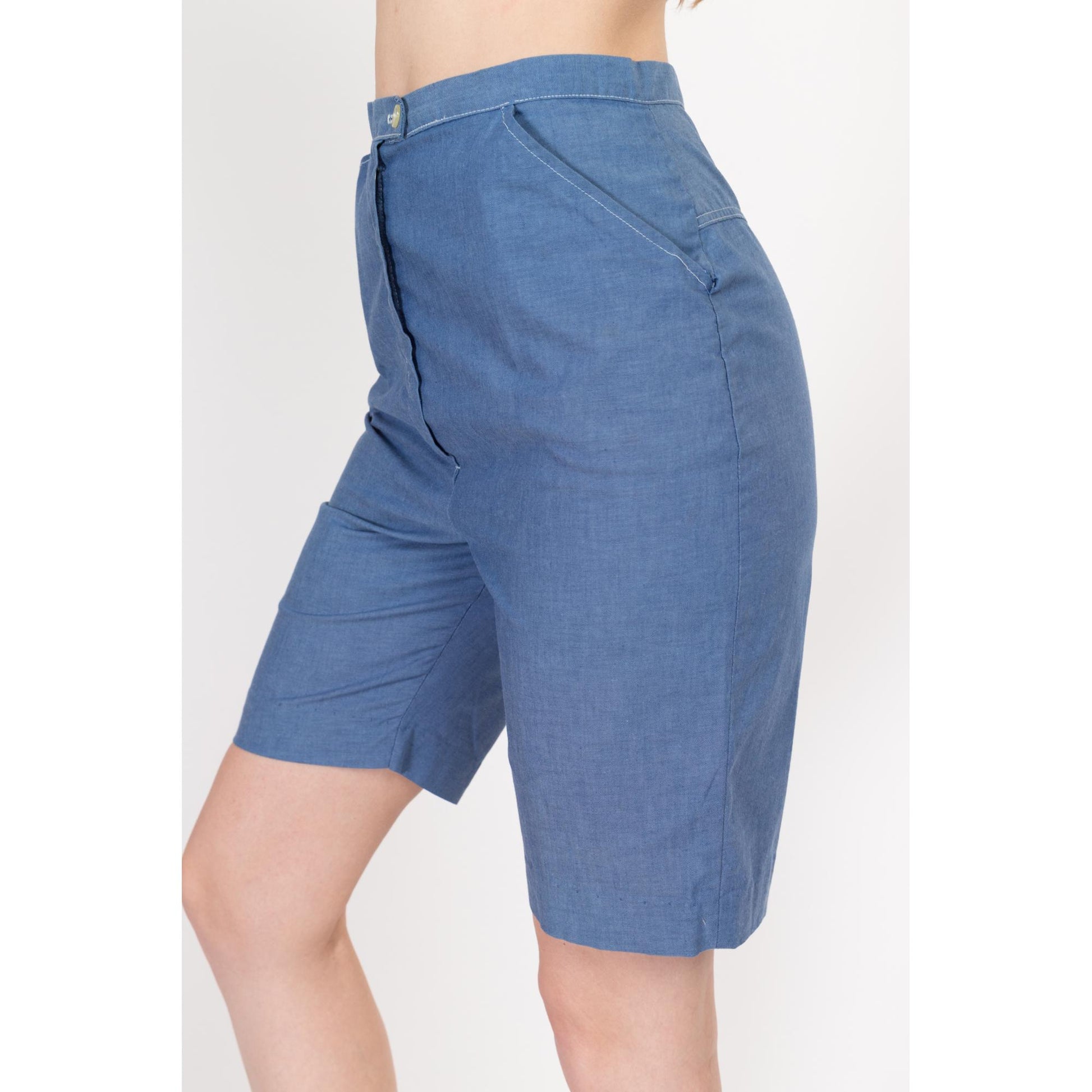XS 60s Blue High Waisted Bermuda Shorts 25" | Retro Vintage Hourglass Curvy Fit Long Inseam Shorts