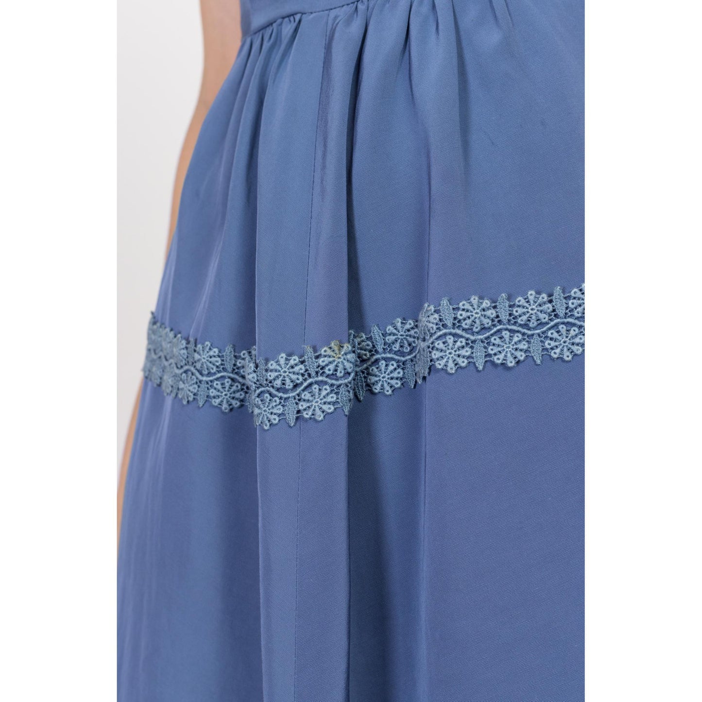 Petite Medium 1950s Slate Blue Crochet Trim Fit & Flare Dress | Vintage 50s Boho Midi Day Dress