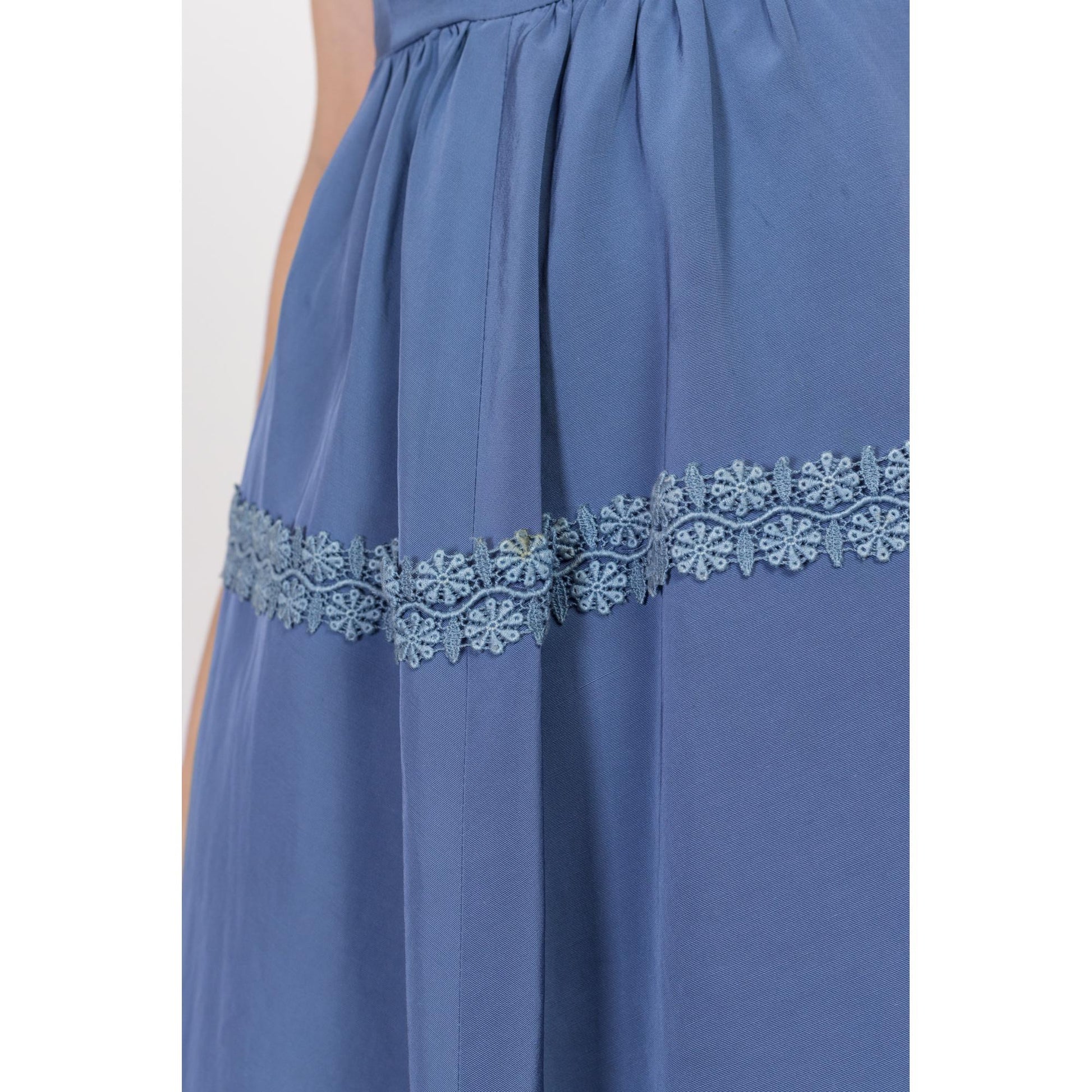 Petite Medium 1950s Slate Blue Crochet Trim Fit & Flare Dress | Vintage 50s Boho Midi Day Dress