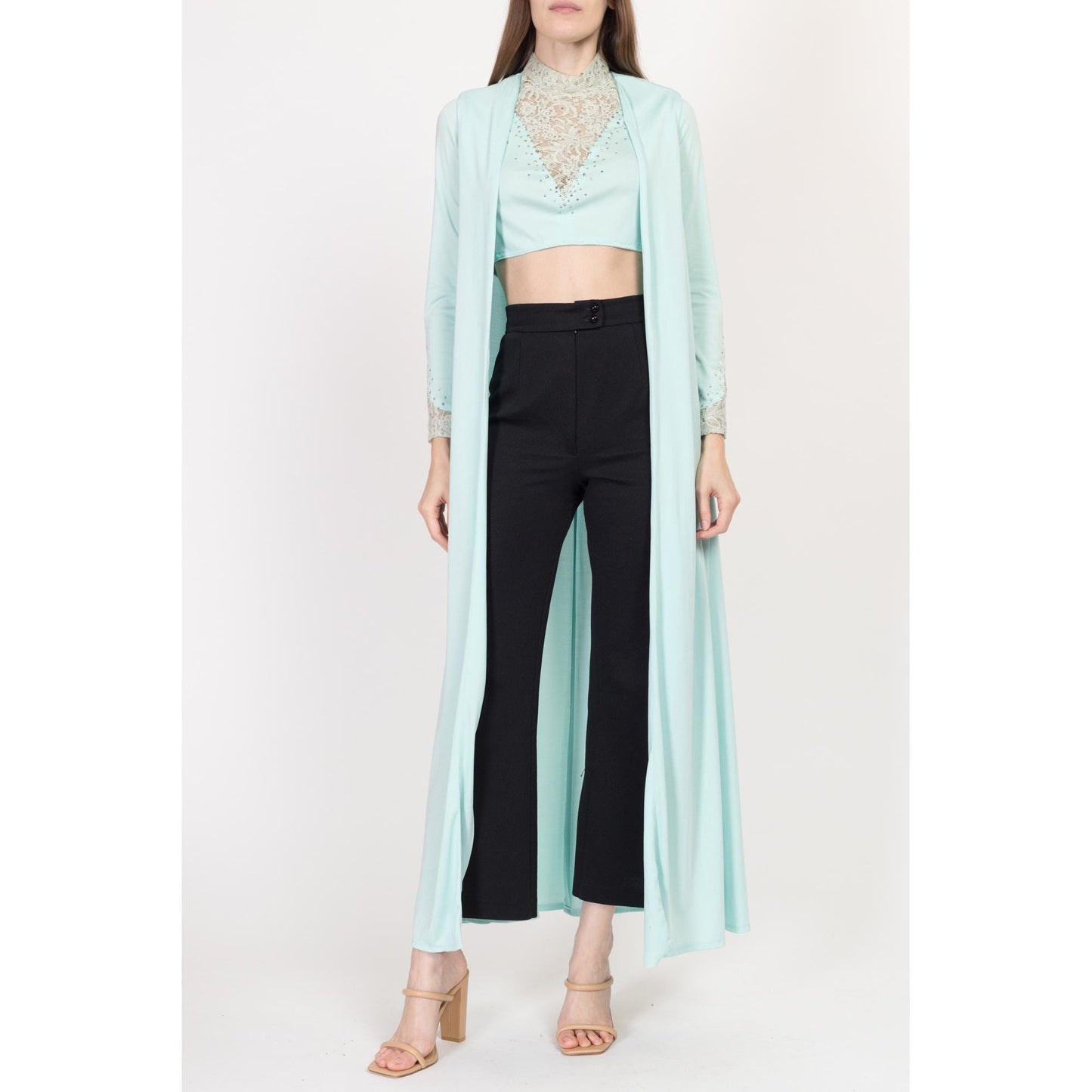 XS-Sm 70s Mint Rhinestone Crop Top & Maxi Jacket Matching Set | Vintage Blue Green Long Vest Two Piece Disco Outfit