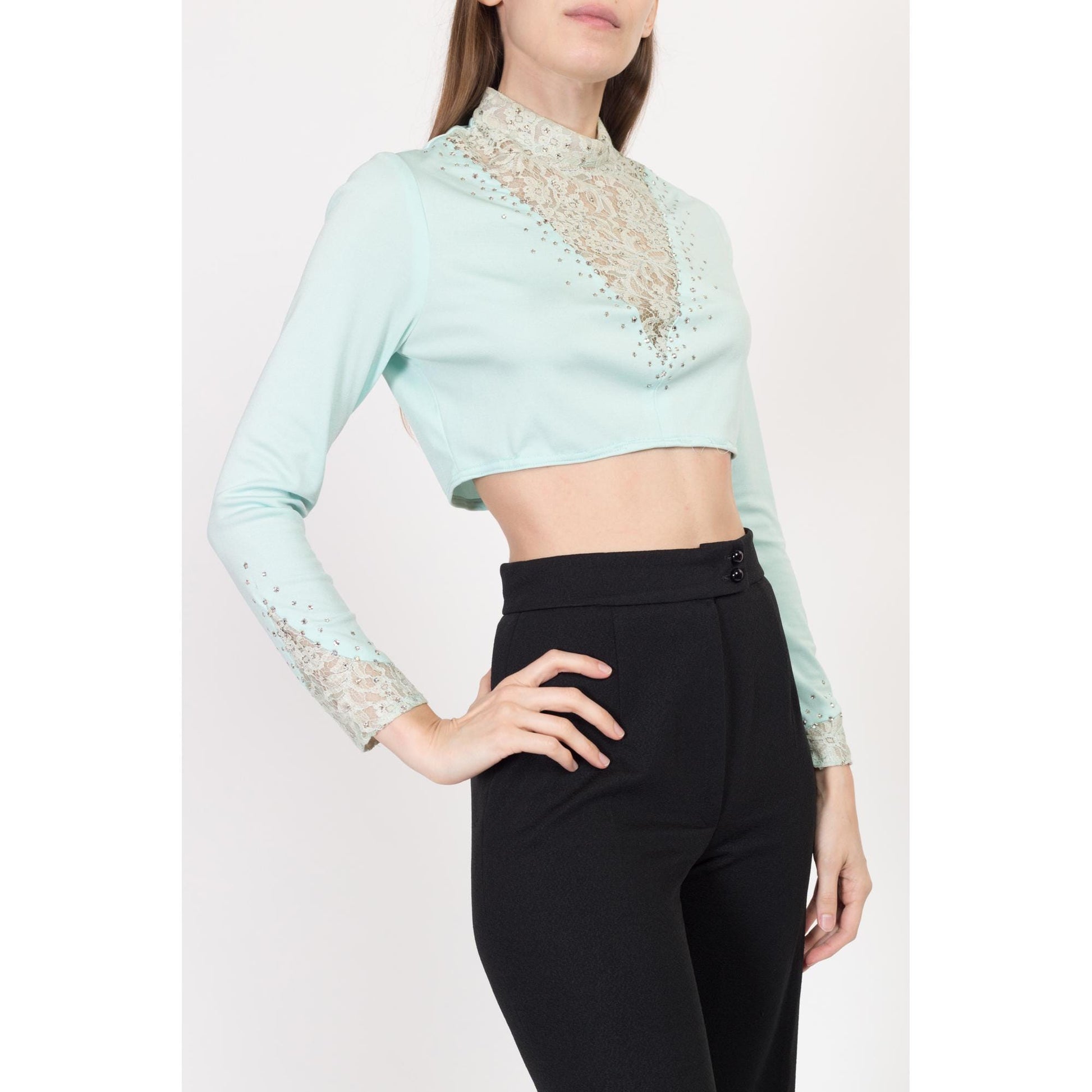 XS-Sm 70s Mint Rhinestone Crop Top & Maxi Jacket Matching Set | Vintage Blue Green Long Vest Two Piece Disco Outfit
