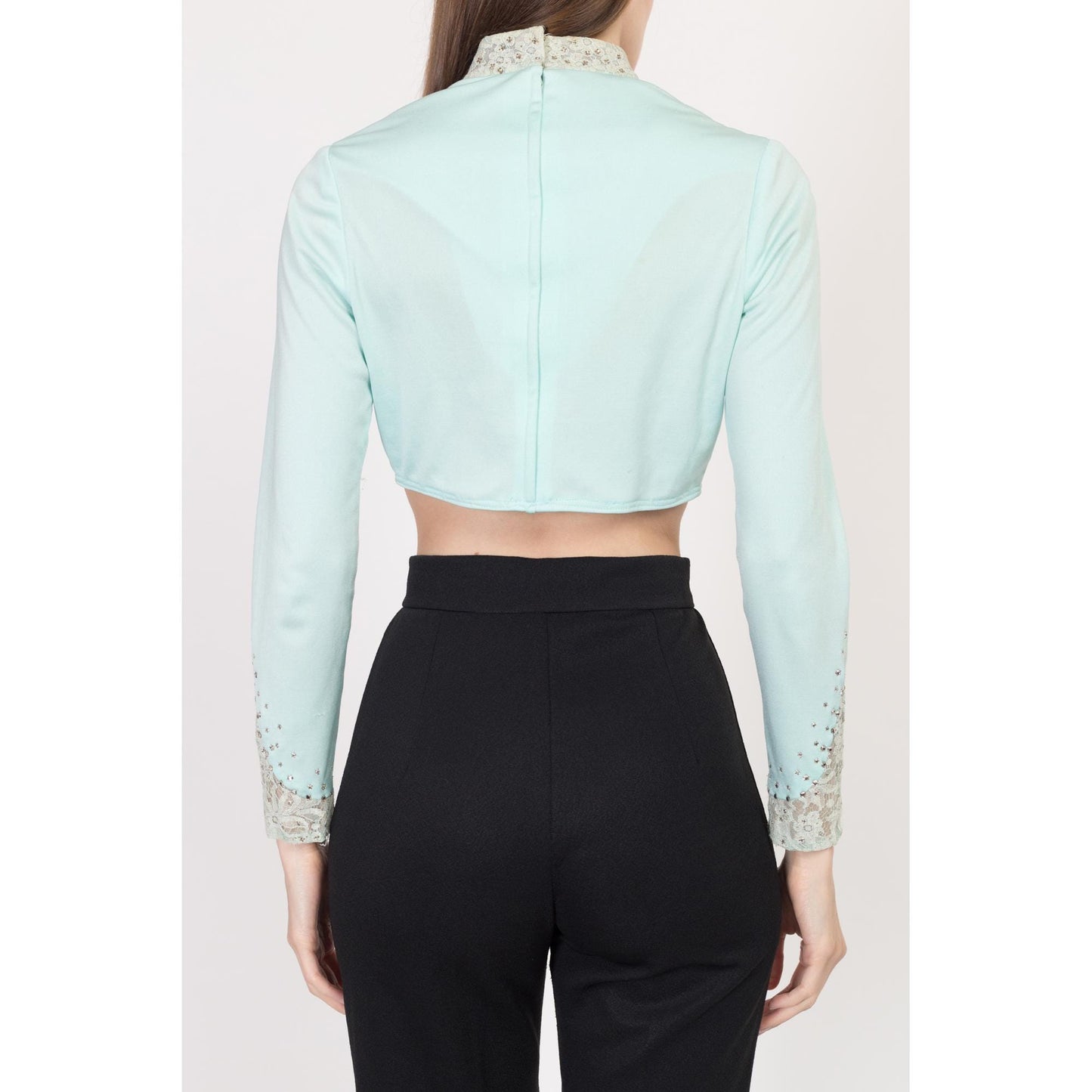 XS-Sm 70s Mint Rhinestone Crop Top & Maxi Jacket Matching Set | Vintage Blue Green Long Vest Two Piece Disco Outfit