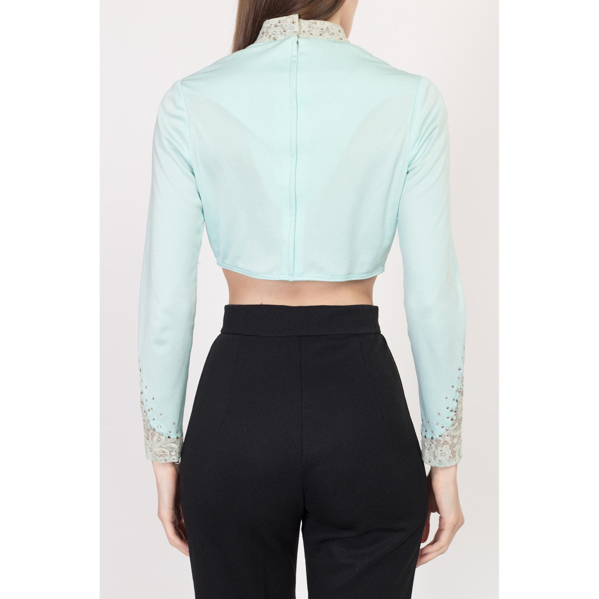 XS-Sm 70s Mint Rhinestone Crop Top & Maxi Jacket Matching Set | Vintage Blue Green Long Vest Two Piece Disco Outfit