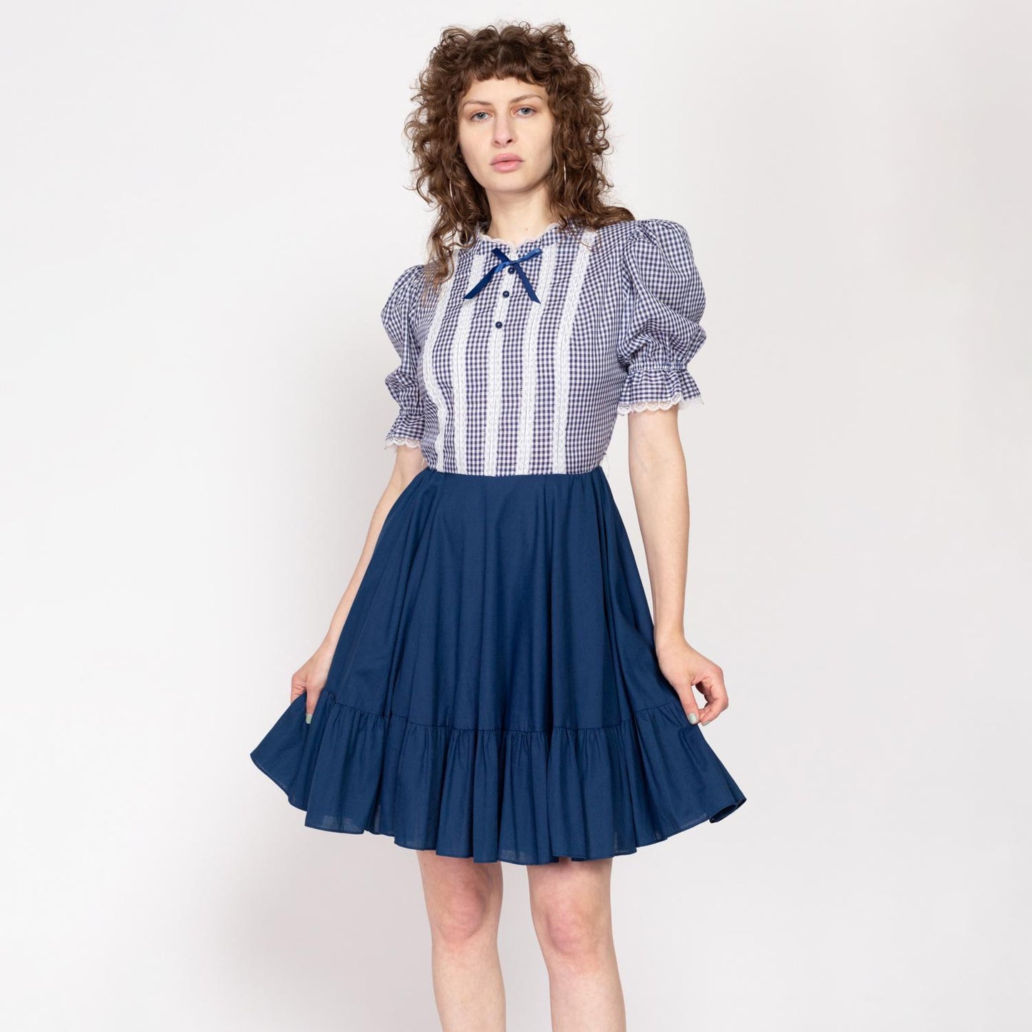 Small 70s Blue Gingham Puff Sleeve Mini Dress Flying Apple Vintage Small 70s Blue Gingham Puff Sleeve Mini Dress Flying Apple Vintage
