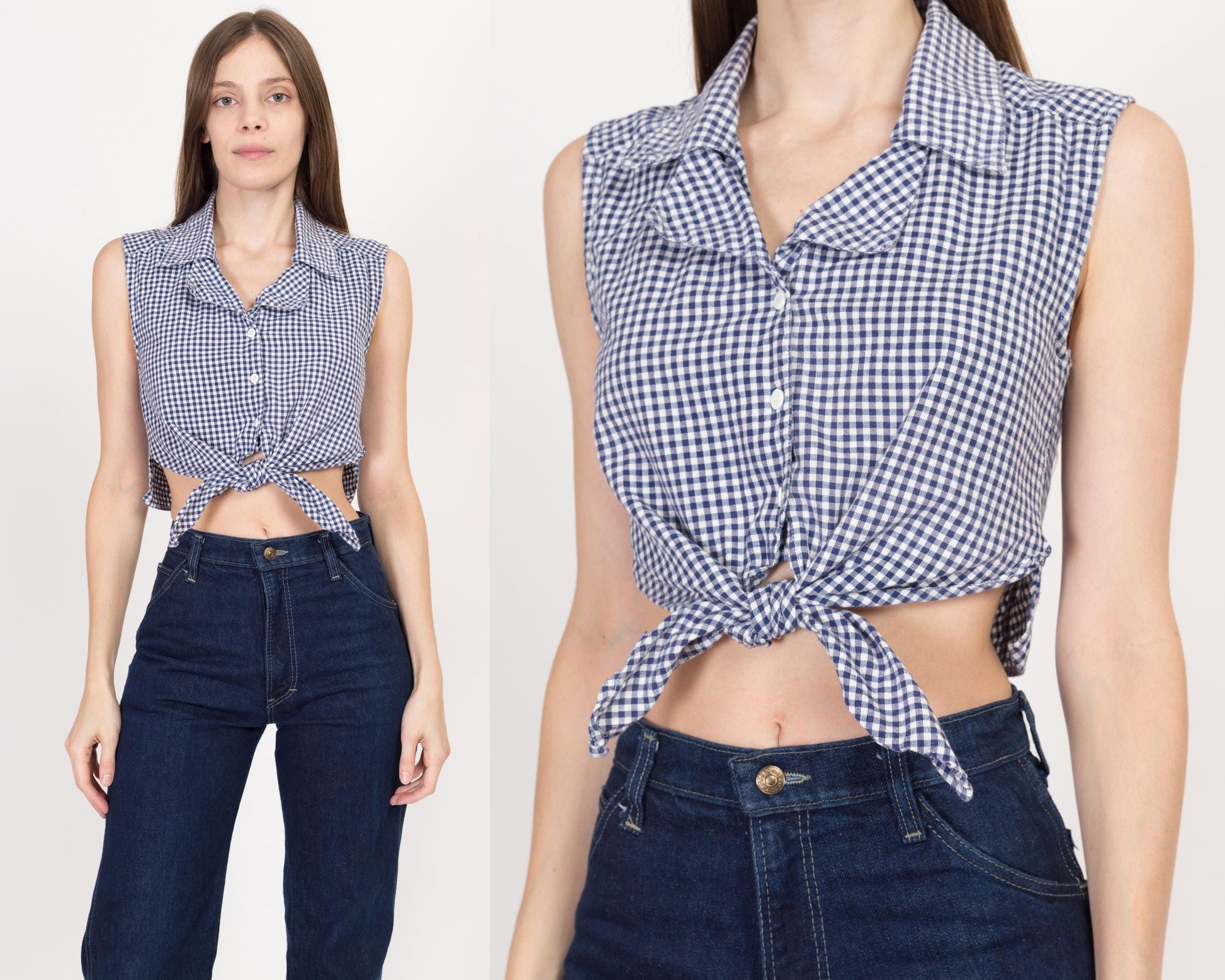 Small 90s Navy Blue & White Gingham Tie Front Crop Top | Vintage Button Up Sleeveless Plaid Collared Shirt