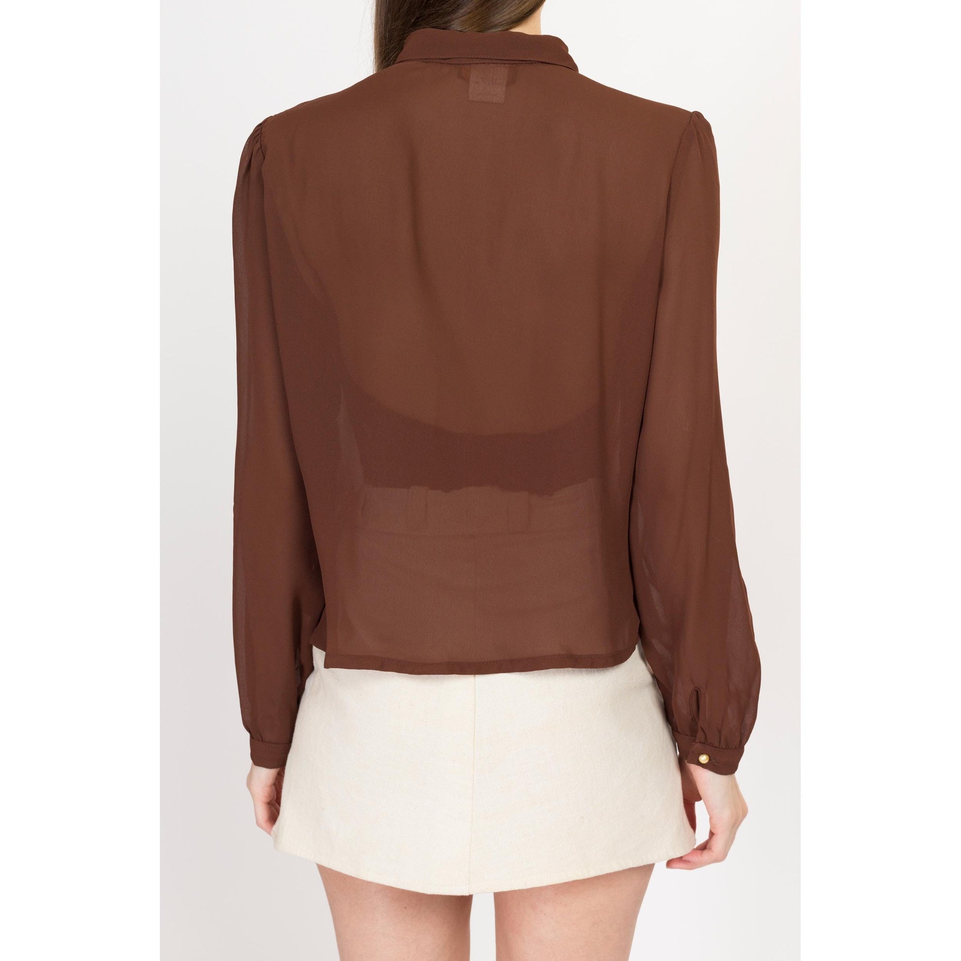 Med-Lrg 70s Sheer Brown Ascot Tie Blouse | Vintage Boho Button Up Long Sleeve Tailored Top