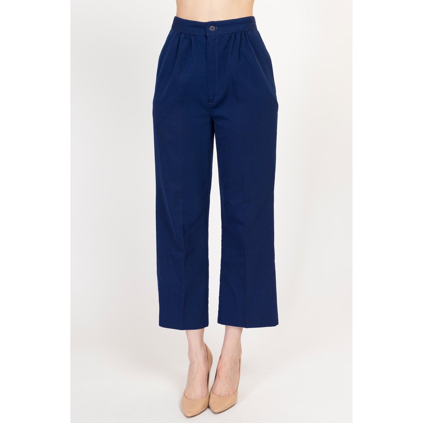 Small 70s Navy Blue High Waisted Trousers 25.75" | Vintage Pleated Kick Flare Pants