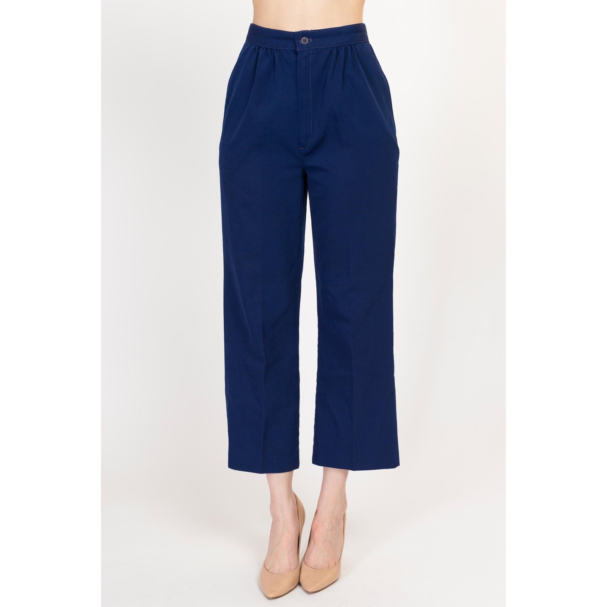 Small 70s Navy Blue High Waisted Trousers 25.75" | Vintage Pleated Kick Flare Pants