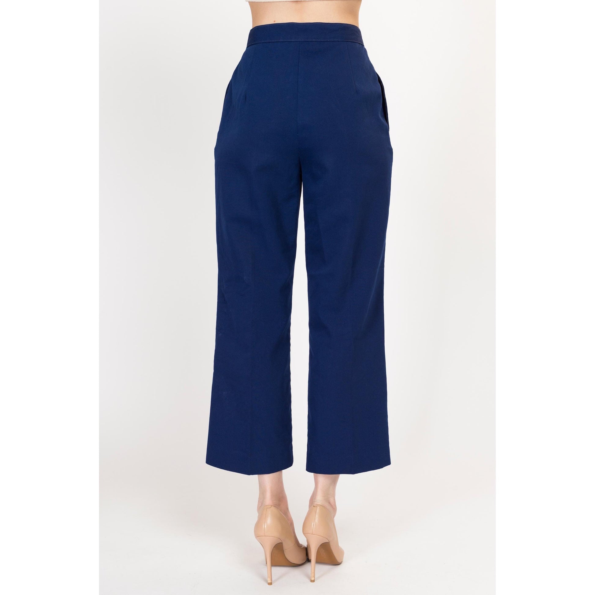 Small 70s Navy Blue High Waisted Trousers 25.75" | Vintage Pleated Kick Flare Pants
