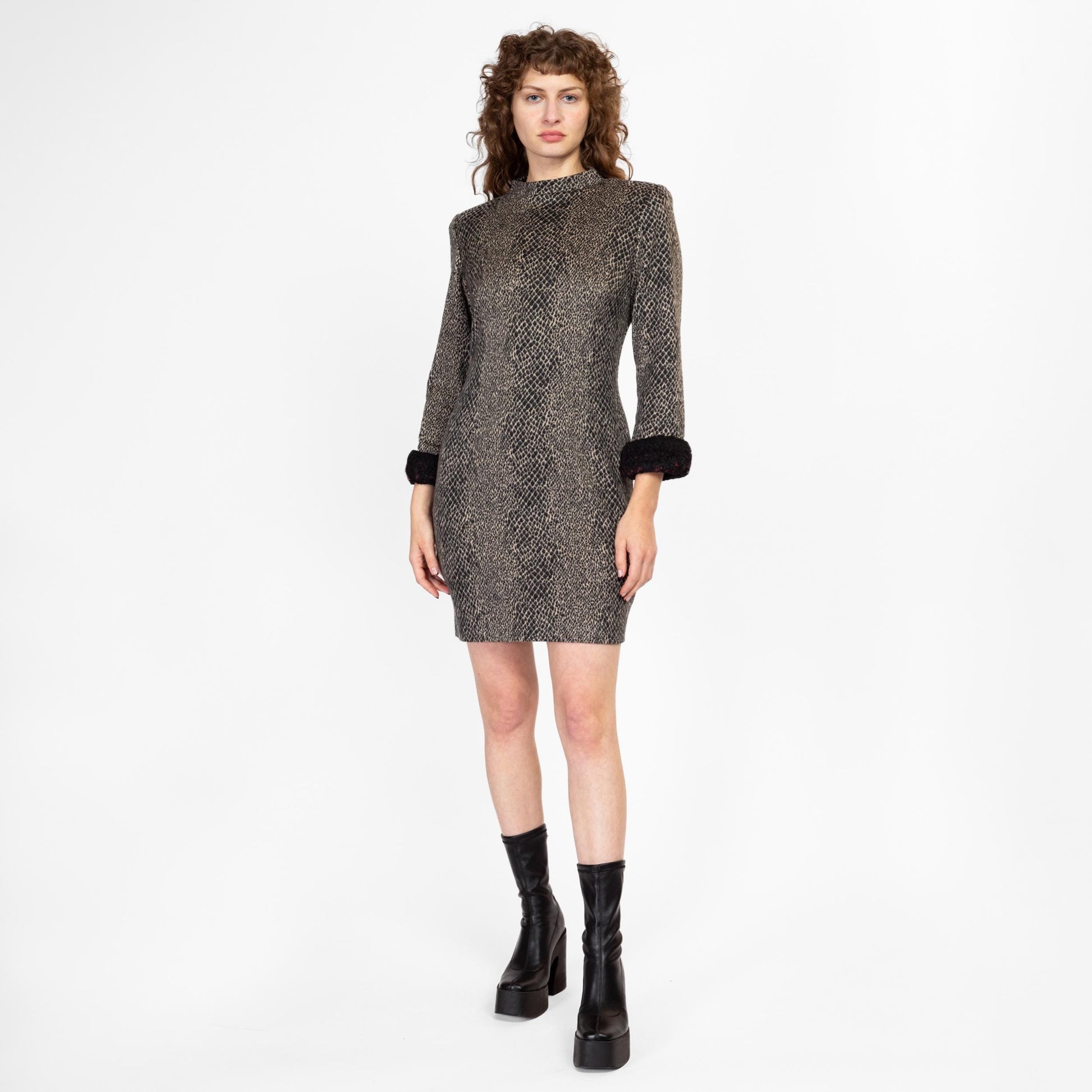 Med-Lrg 90s Snakeskin Faux Fur Trim Bodycon Mini Dress Med-Lrg 90s Snakeskin Faux Fur Trim Bodycon Mini Dress