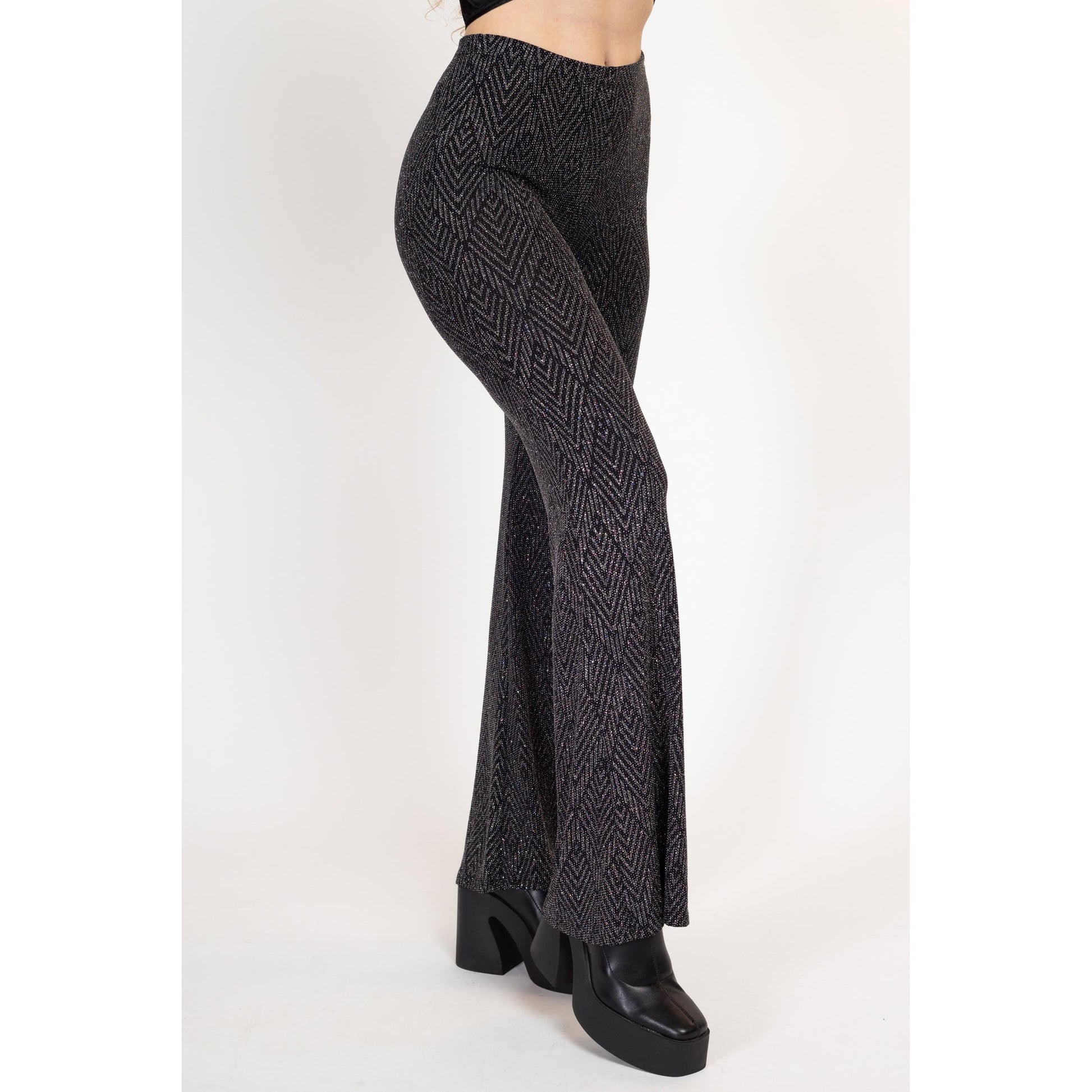 Medium Y2K Black & Silver Metallic Knit Bell Bottoms | Vintage High Waisted Stretchy Flared Pants