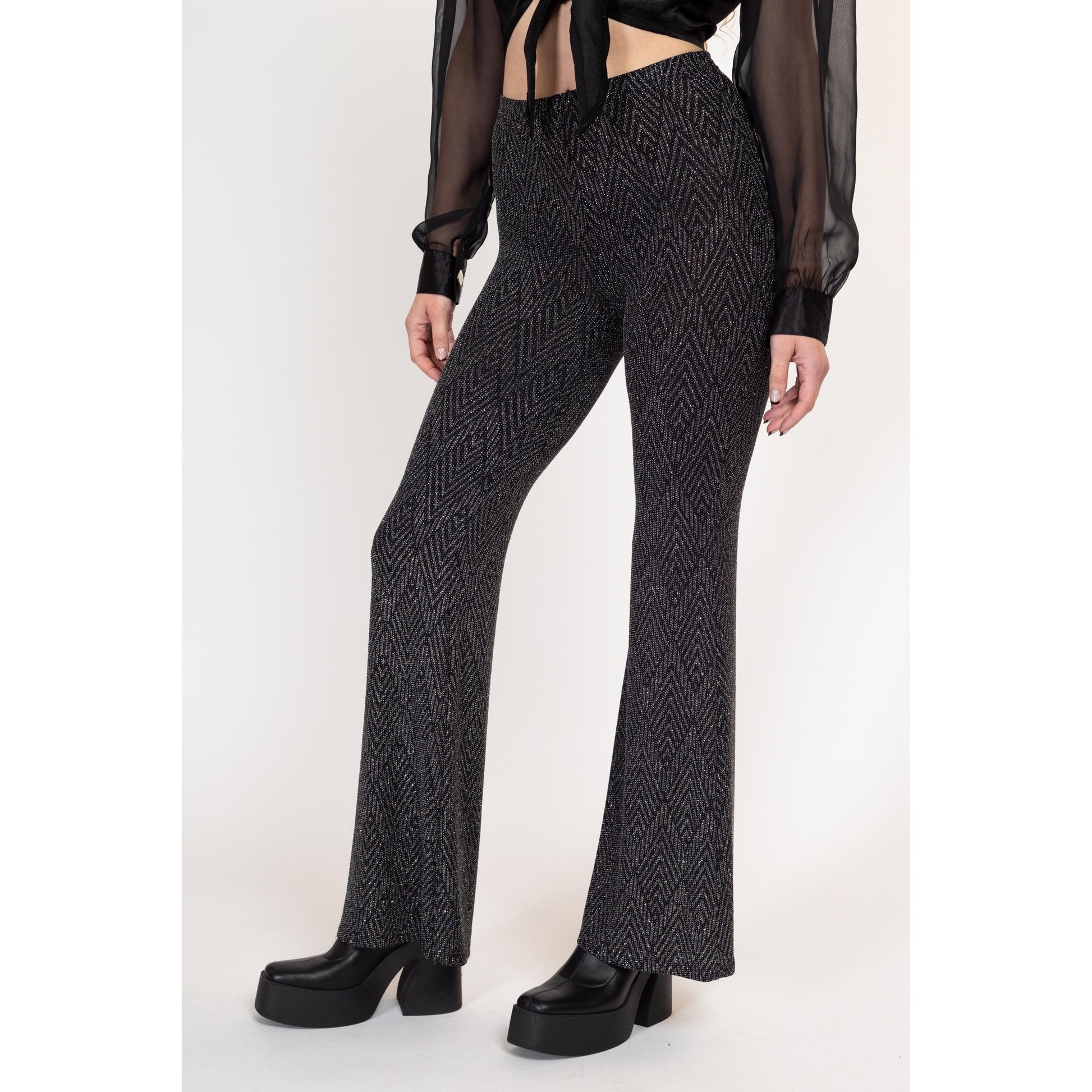 Medium Y2K Black & Silver Metallic Knit Bell Bottoms | Vintage High Waisted Stretchy Flared Pants