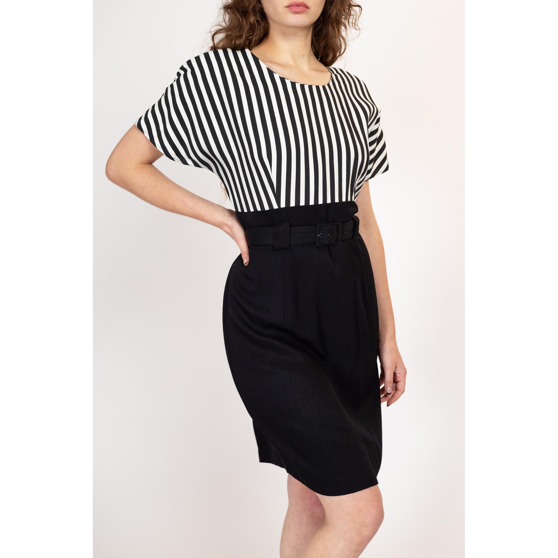 Large 80s Black & White Striped Belted Mini Dress | Vintage Two Tone Short Sleeve Punk Secretary Dress