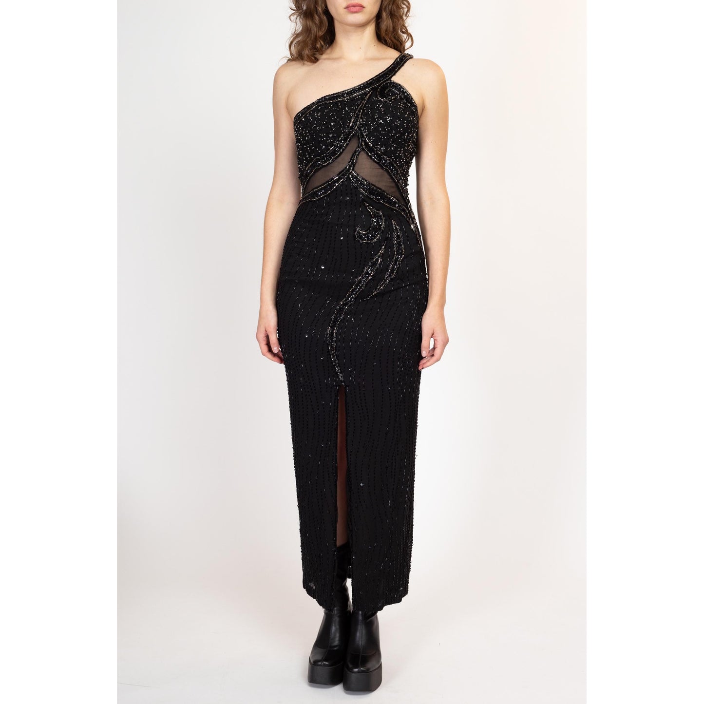 Small 90s Black Silk Beaded Slinky Evening Gown | Vintage One Shoulder Sheer Cut Out High Slit Formal Maxi Dress