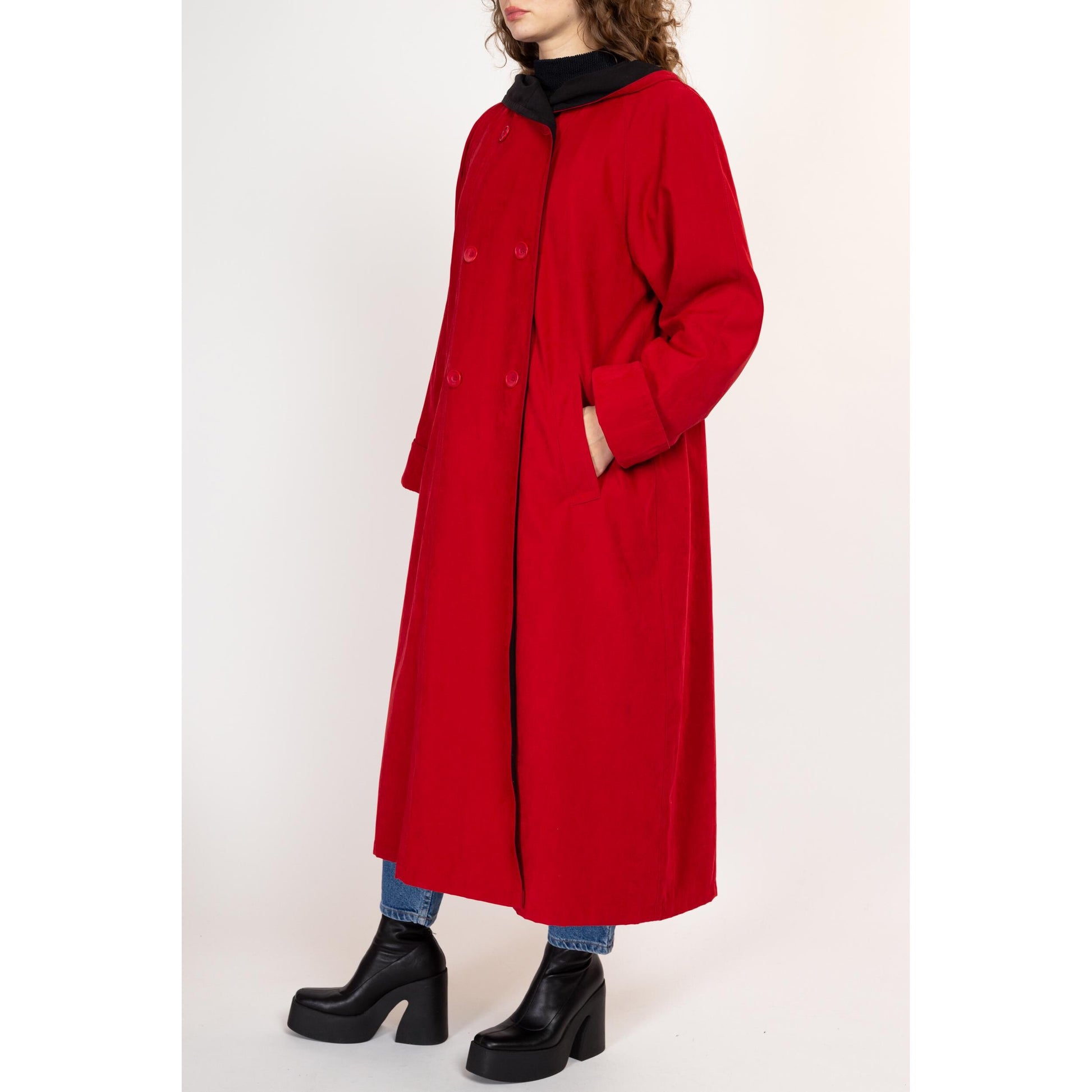 Large 90s Red Ultrasuede Hooded Trench Coat | Vintage Lined Double Breasted Button Up Long Jacket