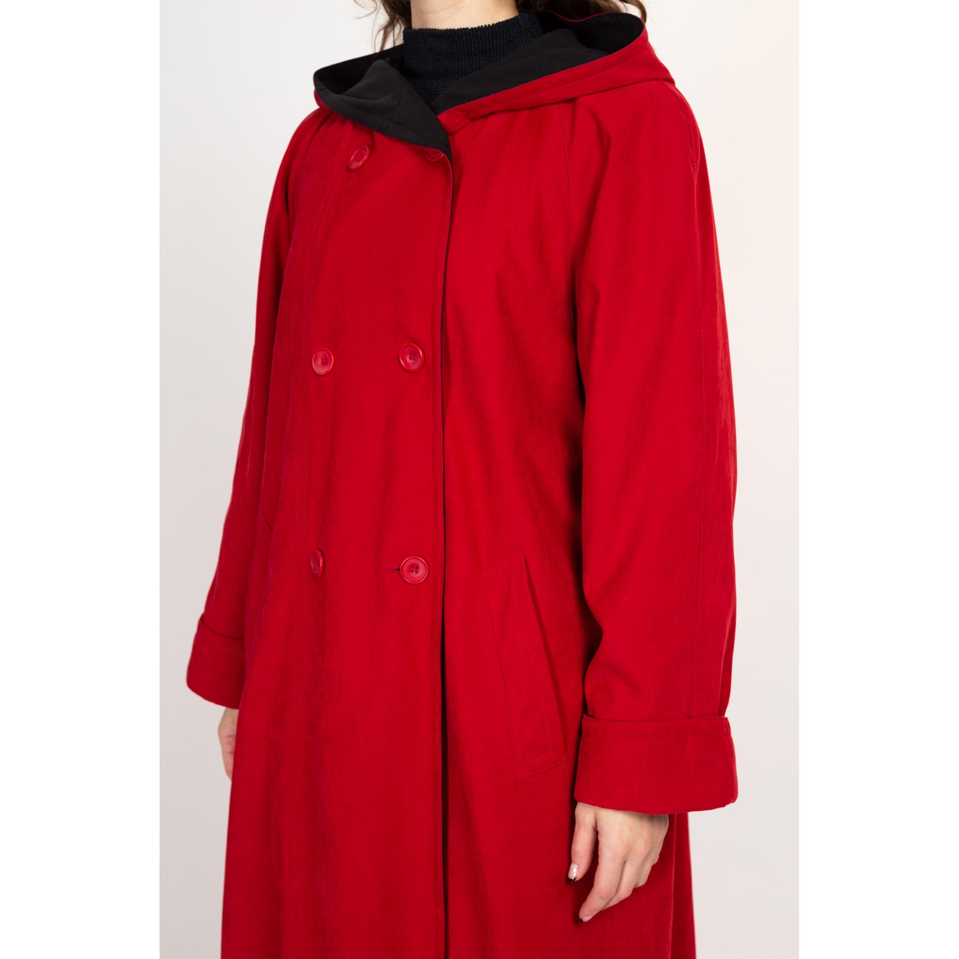 Large 90s Red Ultrasuede Hooded Trench Coat | Vintage Lined Double Breasted Button Up Long Jacket