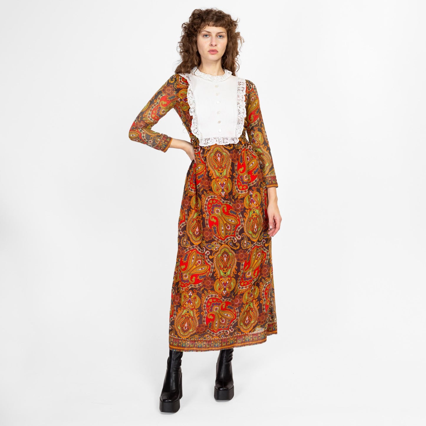 Small 60s 70s Boho Paisley Bib Maxi Dress | Vintage Orange Red Long Sleeve Hippie Gown