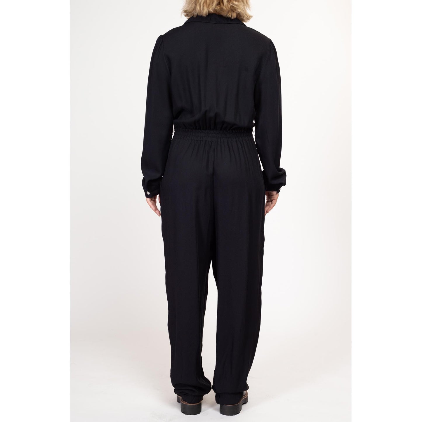 Large Tall 80s Black Jeweled Button Up Jumpsuit | Vintage Button Up Long Sleeve Collared Pantsuit