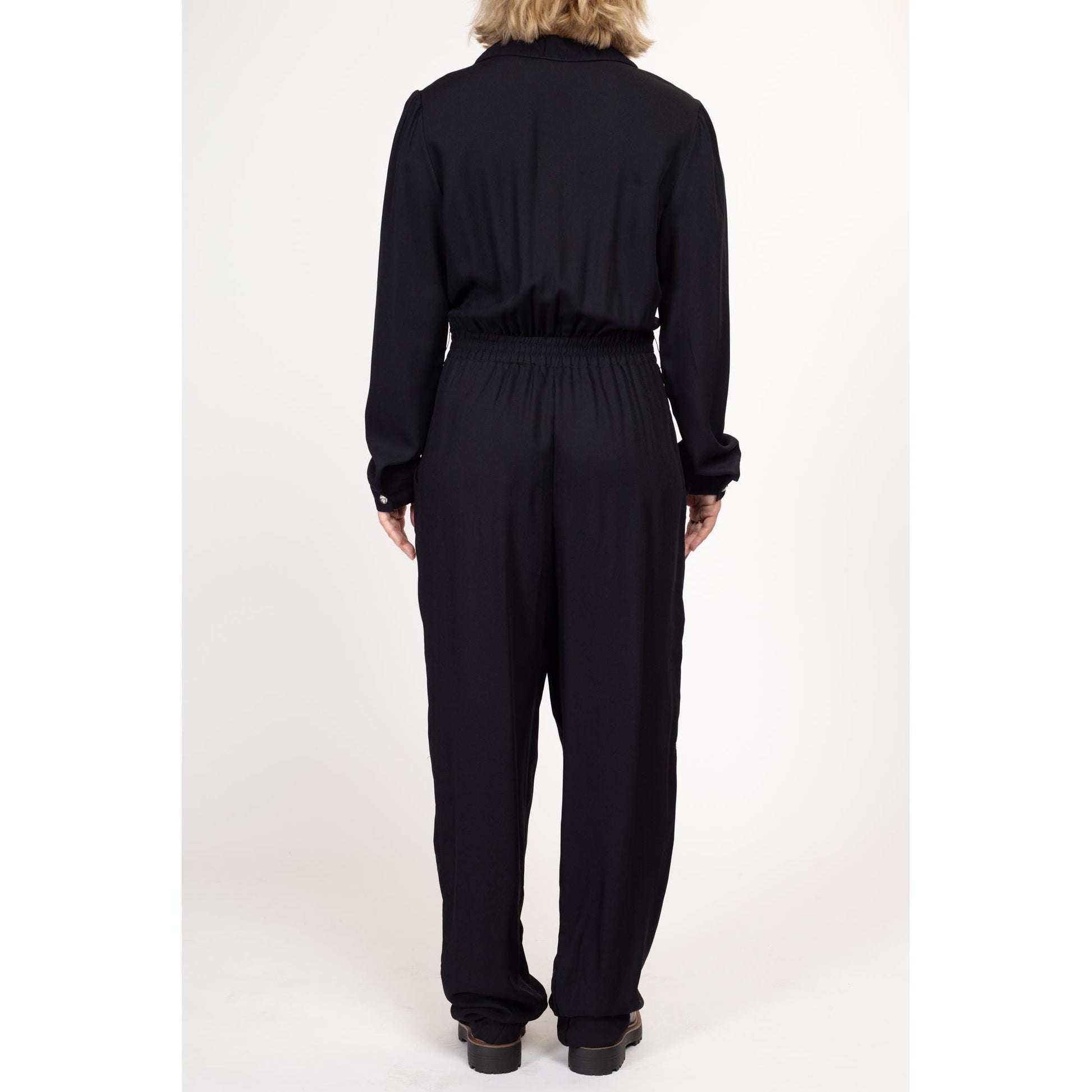 Large Tall 80s Black Jeweled Button Up Jumpsuit | Vintage Button Up Long Sleeve Collared Pantsuit