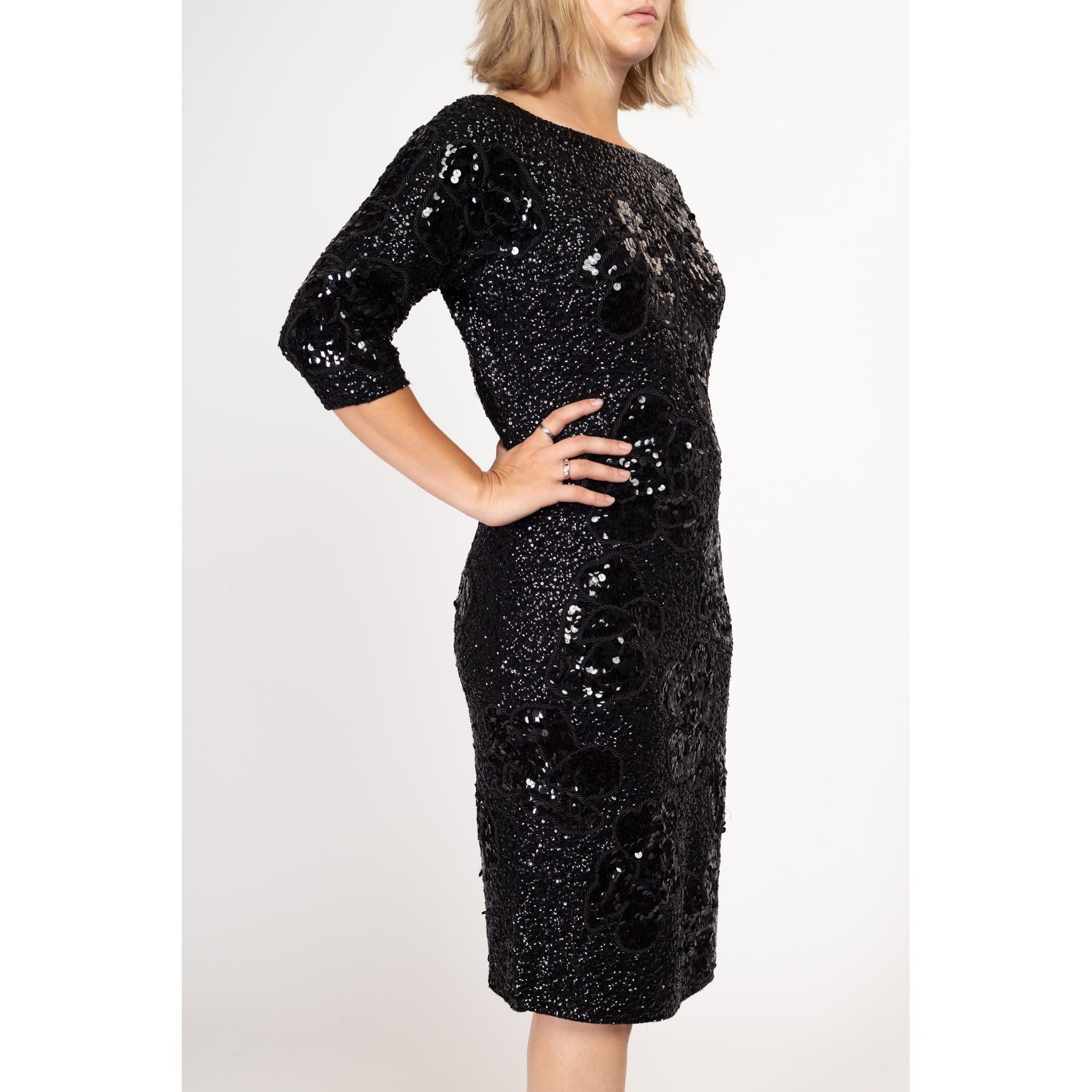 Med-Lrg 50s 60s Gene Shelly Black Sequin Wiggle Dress | Vintage 3/4 Sleeve Beaded Wool Knit Designer Formal Midi Dress