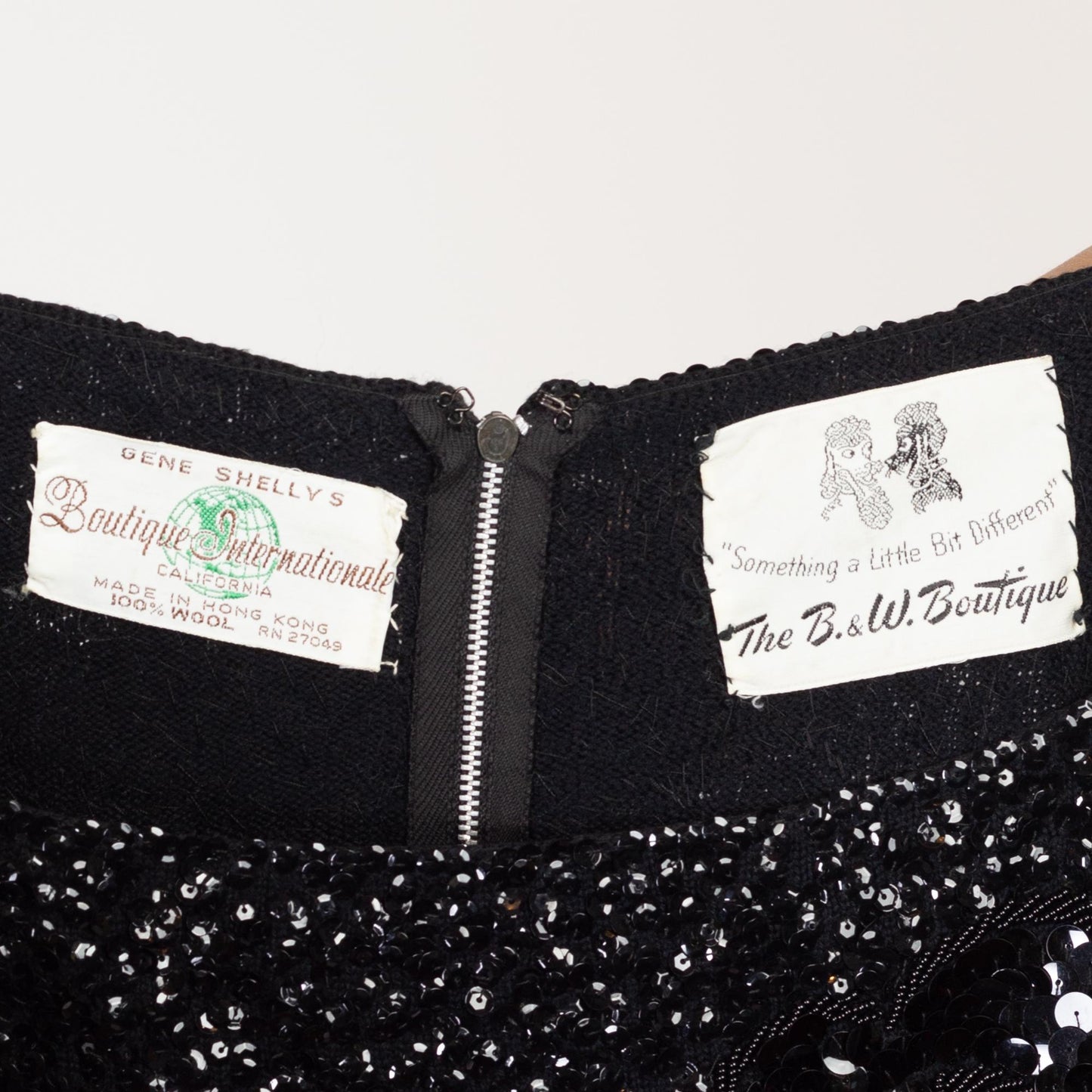 Med-Lrg 50s 60s Gene Shelly Black Sequin Wiggle Dress | Vintage 3/4 Sleeve Beaded Wool Knit Designer Formal Midi Dress