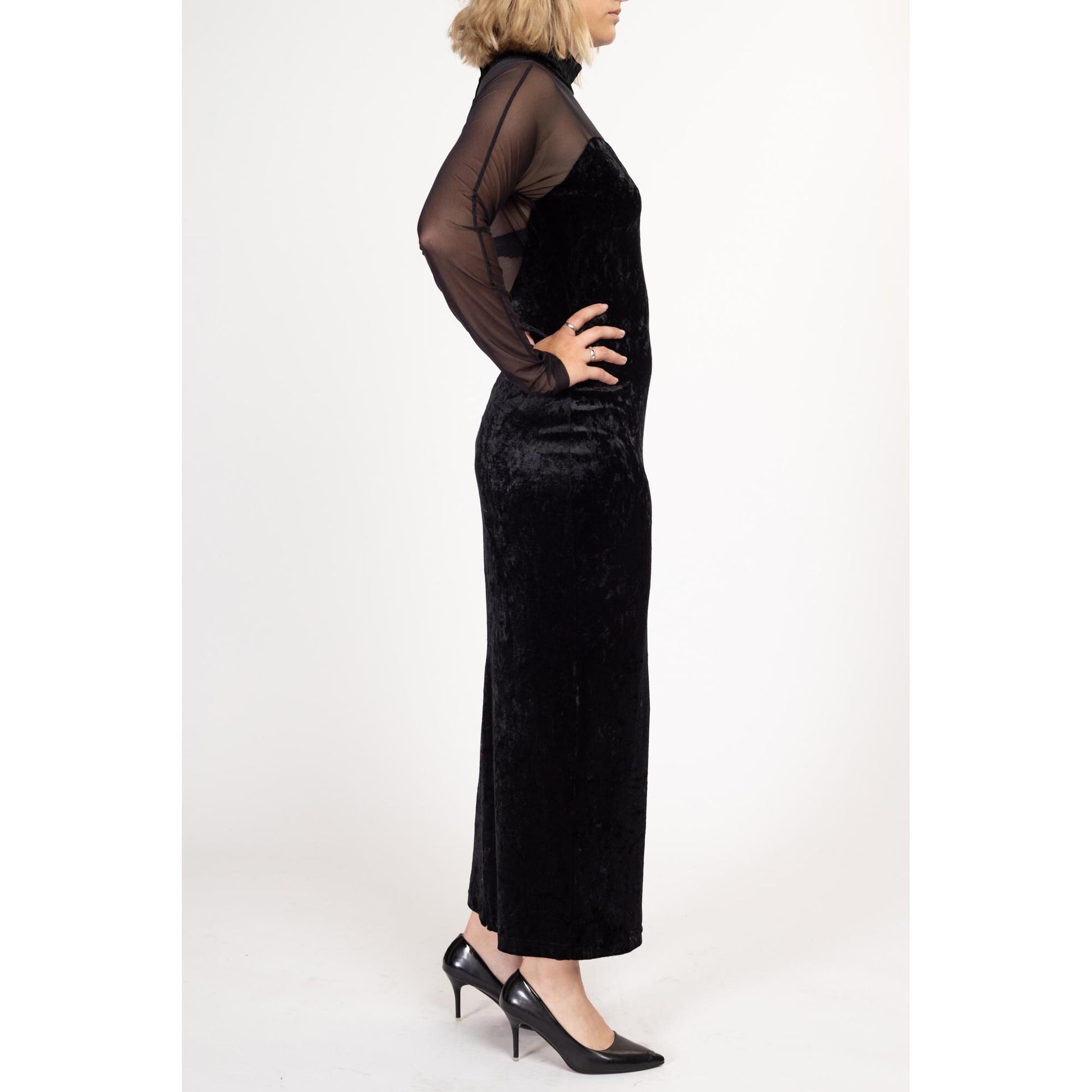 Large 90s Black Velvet Sheer Illusion Gown Flying Apple Vintage Large 90s Black Velvet Sheer Illusion Gown Flying Apple Vintage