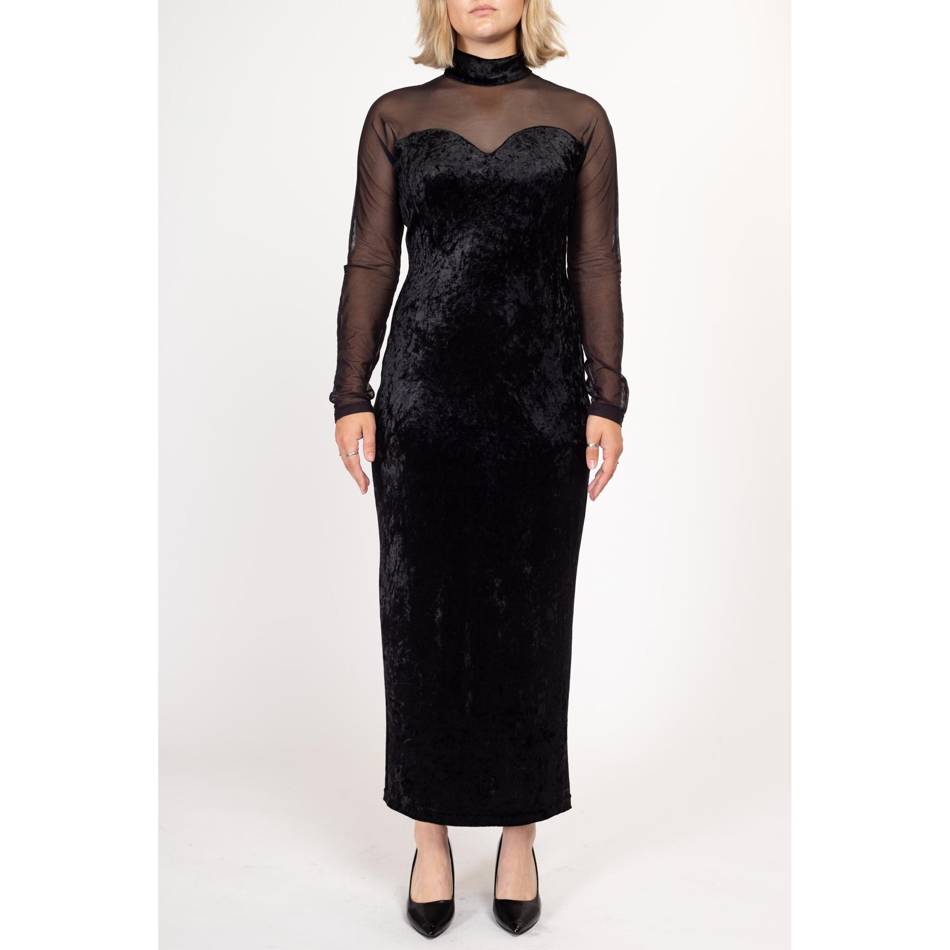 Large 90s Black Velvet Sheer Illusion Gown Flying Apple Vintage Large 90s Black Velvet Sheer Illusion Gown Flying Apple Vintage