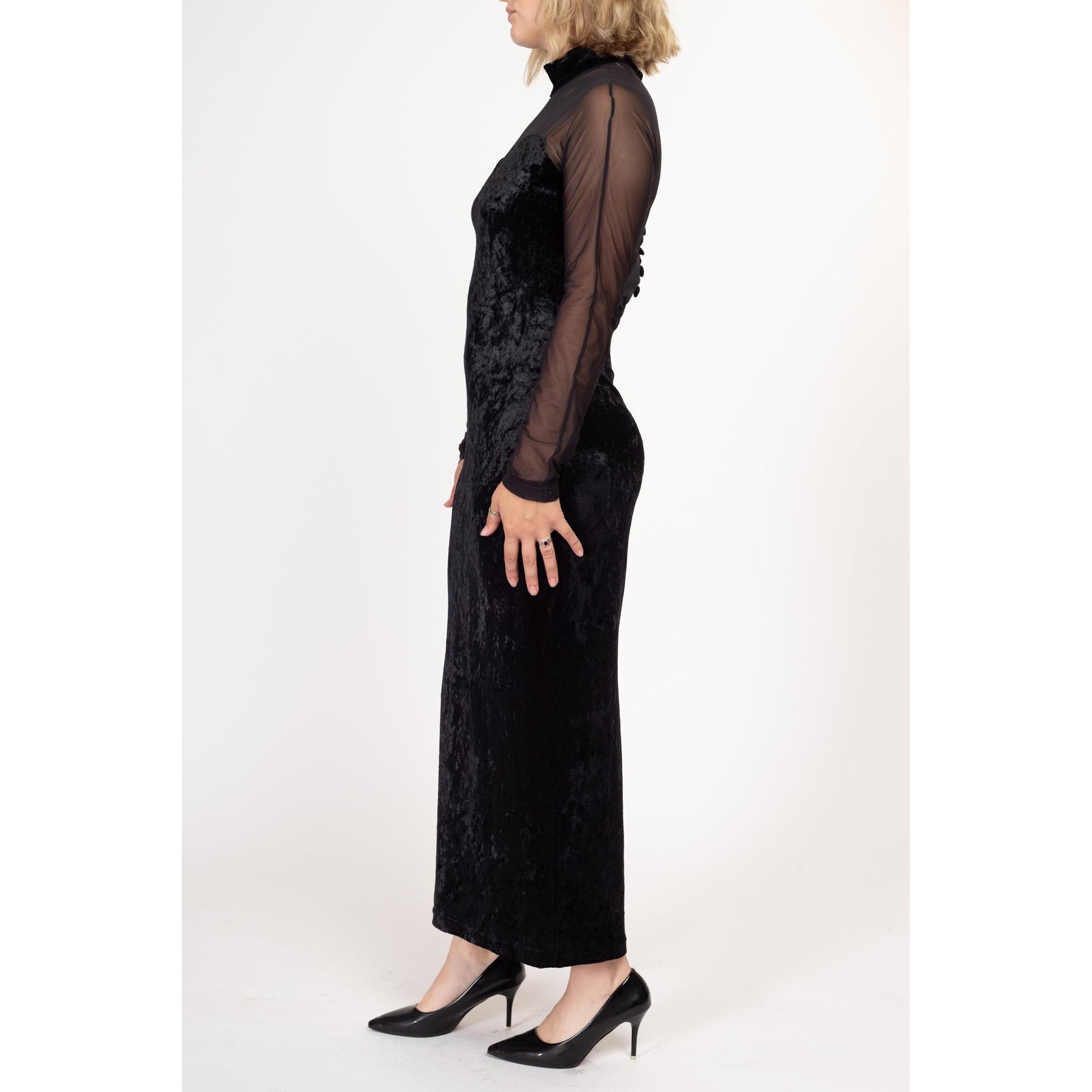 Large 90s Black Velvet Sheer Illusion Gown Flying Apple Vintage Large 90s Black Velvet Sheer Illusion Gown Flying Apple Vintage