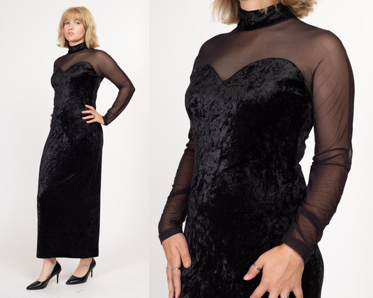 Large 90s Black Velvet Sheer Illusion Gown | Vintage Long Sleeve Button Back Formal Maxi Dress