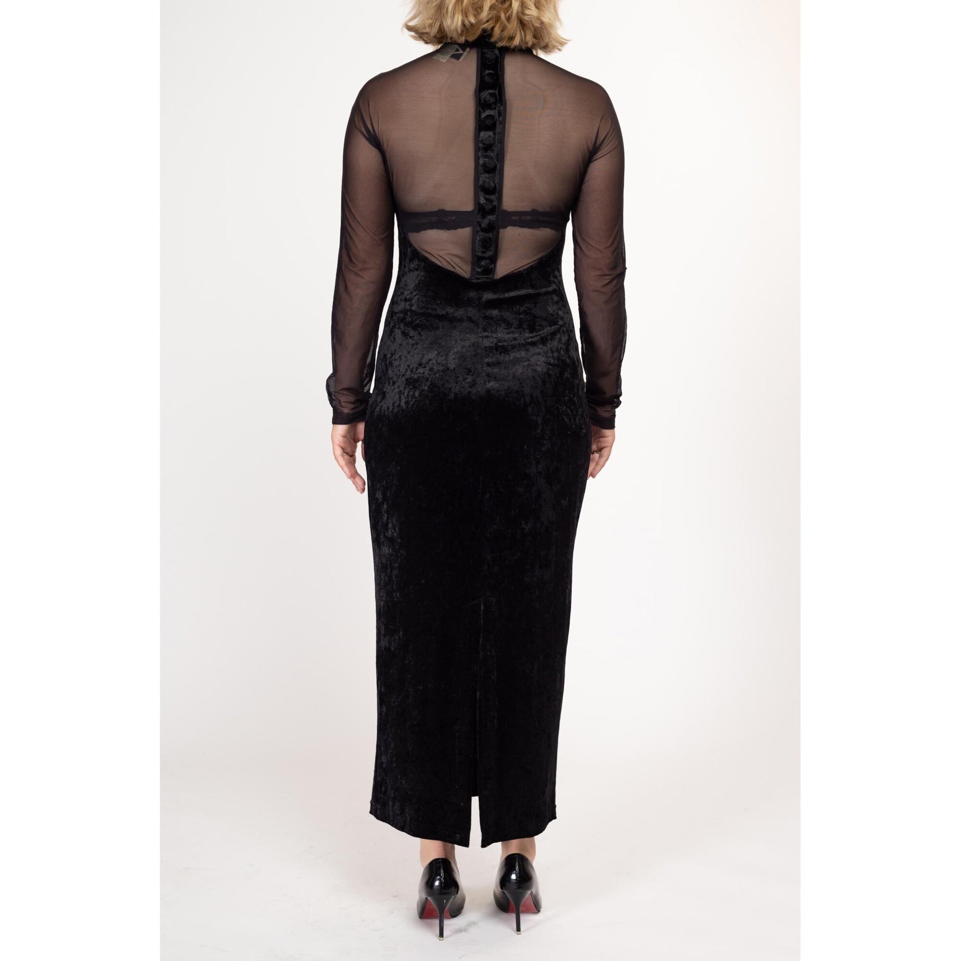 Large 90s Black Velvet Sheer Illusion Gown Flying Apple Vintage Large 90s Black Velvet Sheer Illusion Gown Flying Apple Vintage