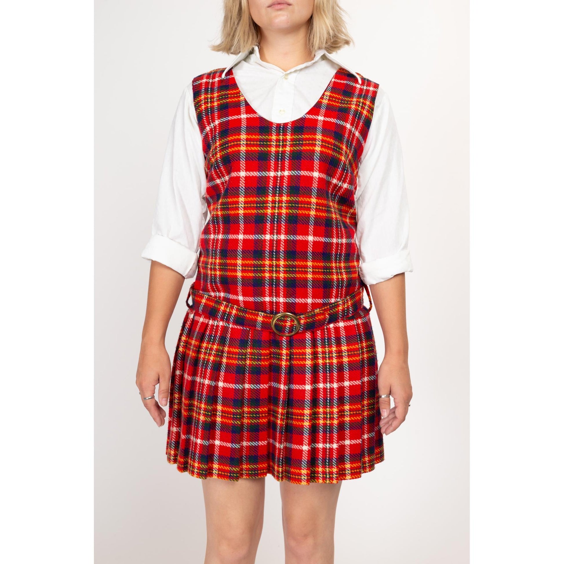 Large 60s Red Plaid Drop Waist Schoolgirl Dress | Vintage Belted Sleeveless Wool Pleated Skirt Mini Pinafore