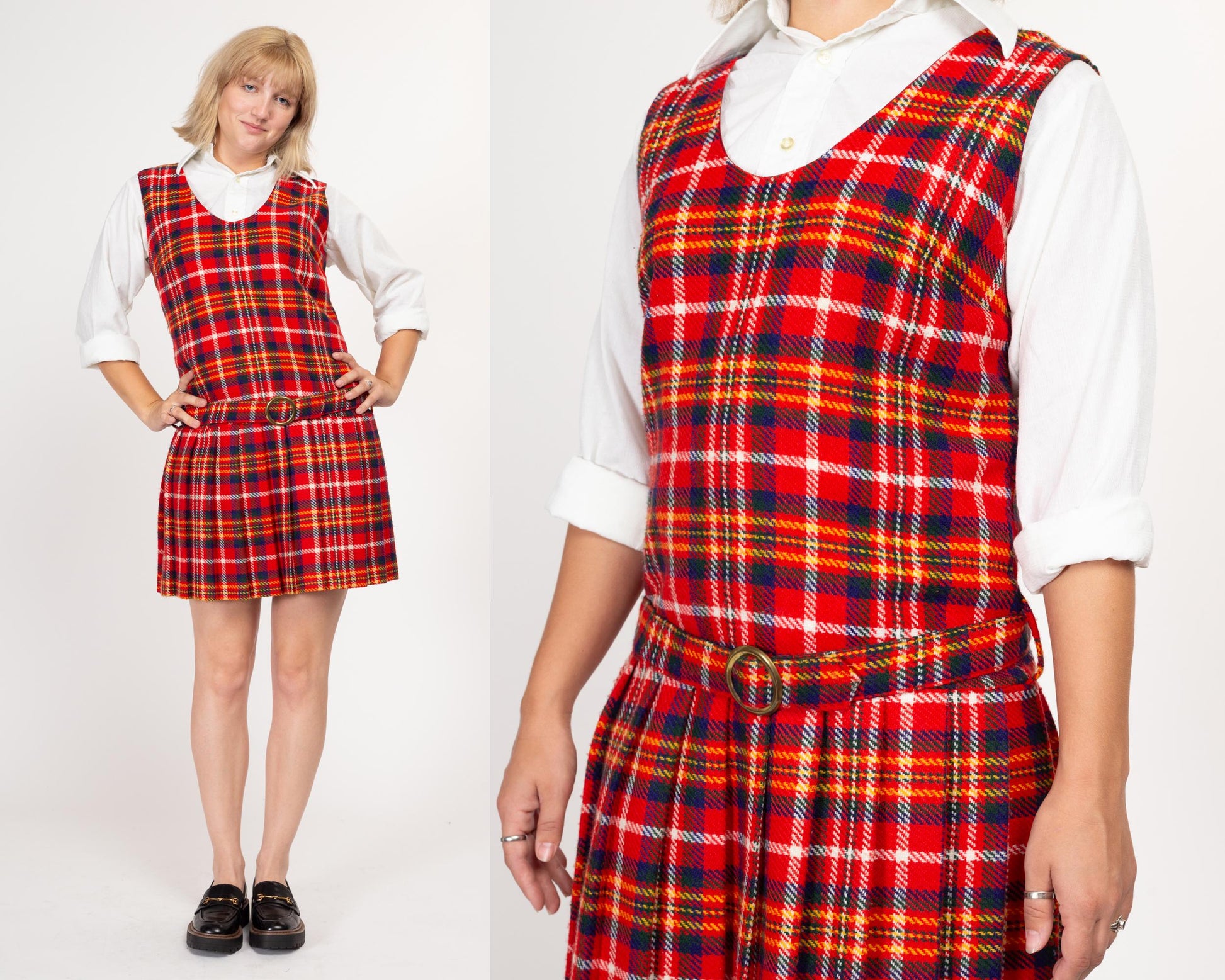 Large 60s Red Plaid Drop Waist Schoolgirl Dress | Vintage Belted Sleeveless Wool Pleated Skirt Mini Pinafore
