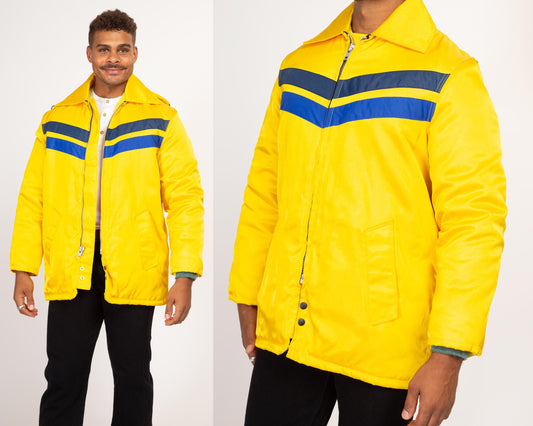 Medium 70s Yellow Fireman Jacket | Vintage Insulated Zip Up Puffy Firefighter Uniform Coat
