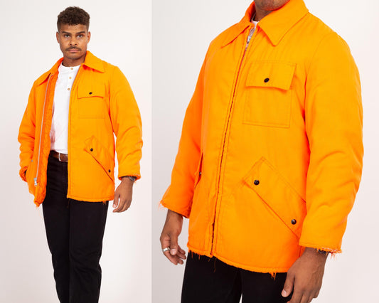 Medium 70s Neon Orange Quilt Lined Hunting Jacket | Vintage Show Shield Samco Distressed Insulated Winter Coat