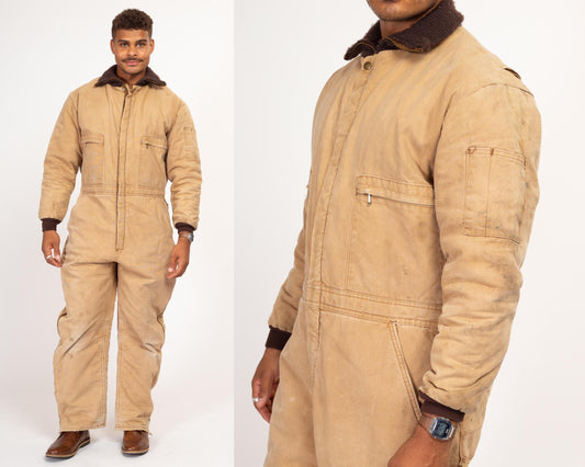 Large 70s Wear Guard Insulated Coveralls | Vintage Tan Duck Canvas Quilt Lined Workwear Zip Front Winter Jumpsuit
