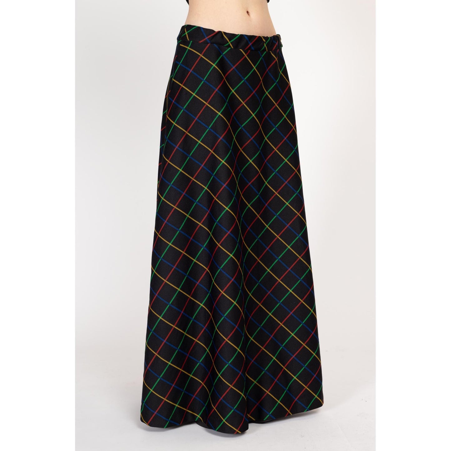 Large 70s Black Primary Color Windowpane Plaid Maxi Skirt | Vintage High Waisted A Line Long Skirt