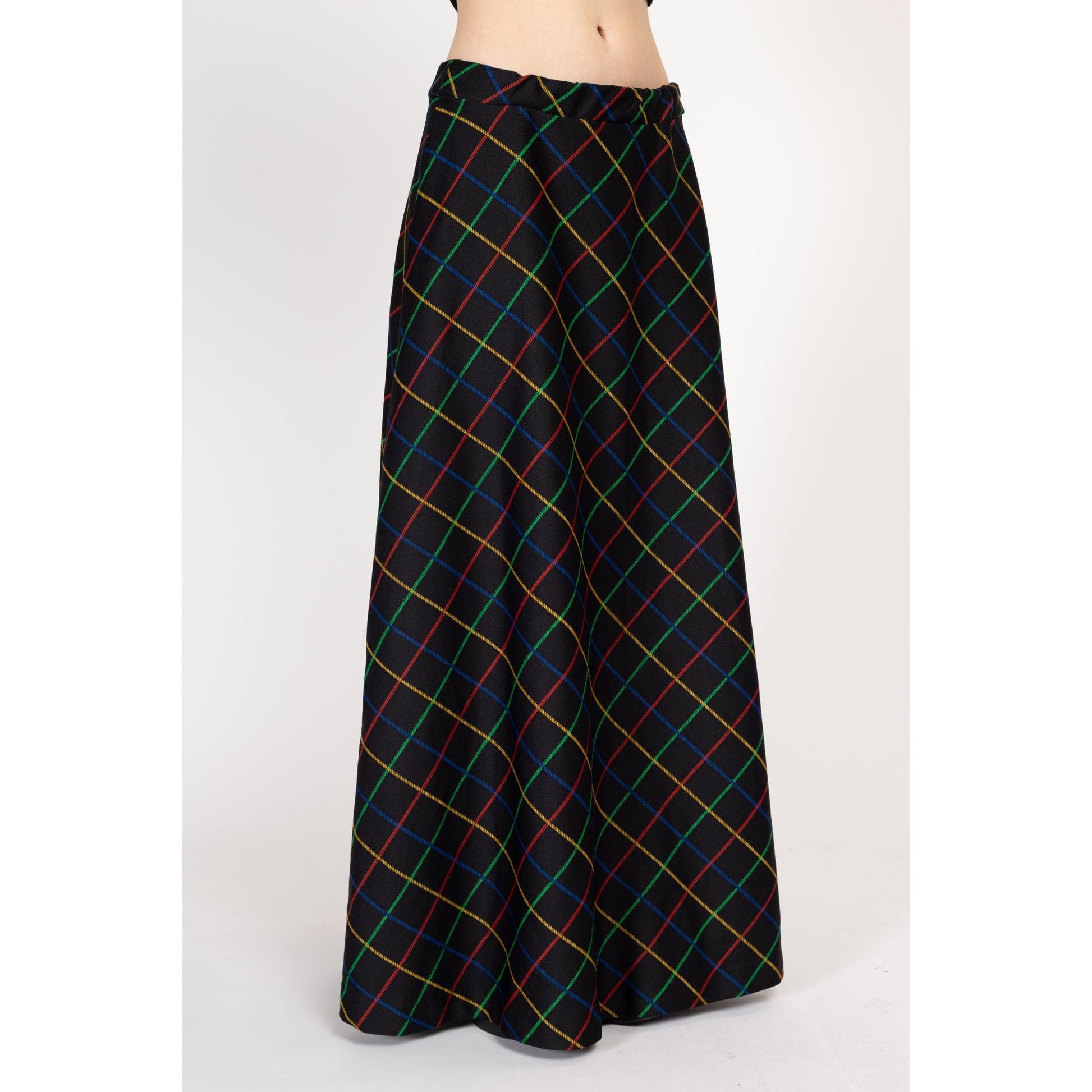 Large 70s Black Primary Color Windowpane Plaid Maxi Skirt | Vintage High Waisted A Line Long Skirt