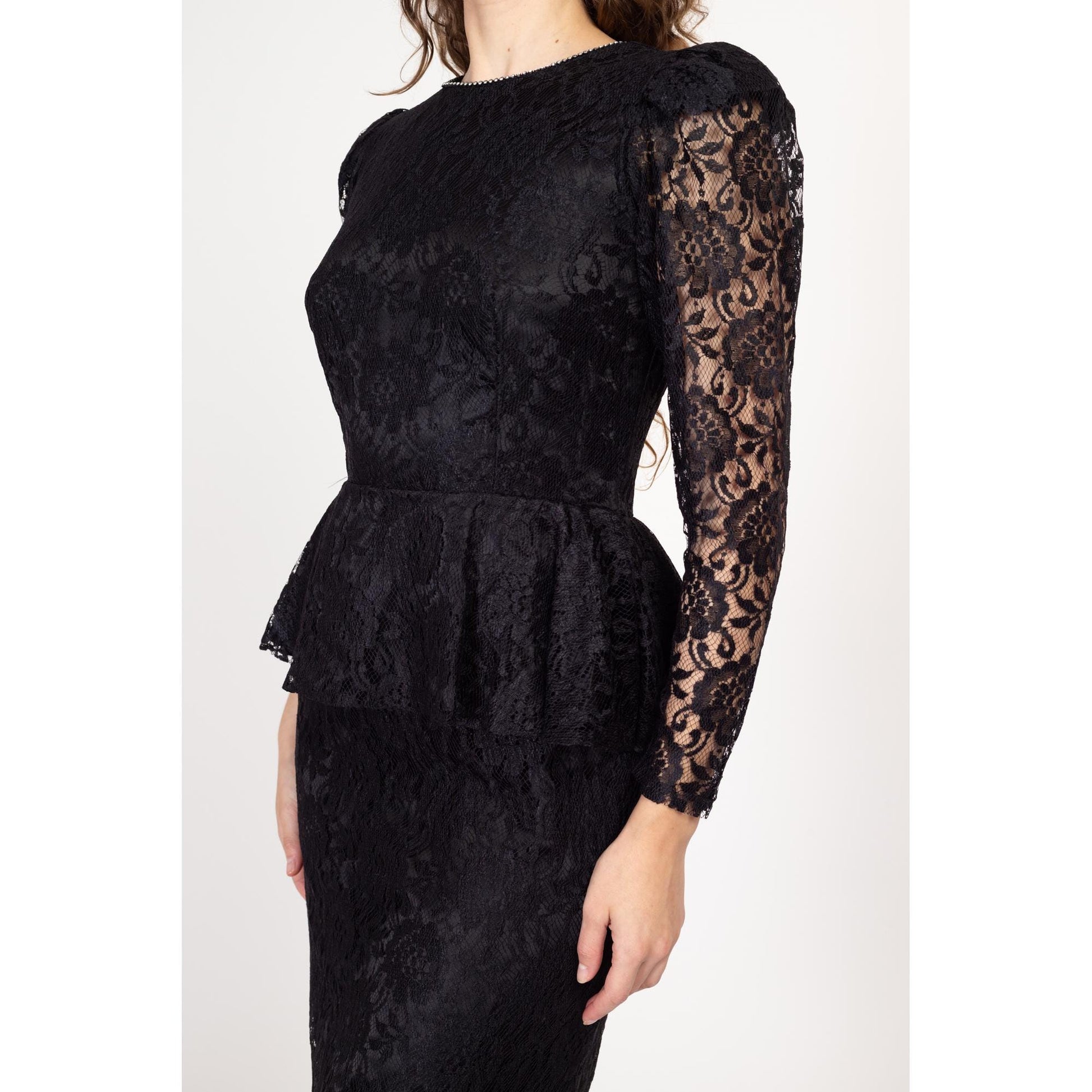 Small 80s Black Lace Backless Peplum Party Dress | Vintage Rhinestone Trim Fitted Waist Long Sleeve Midi Cocktail Dress