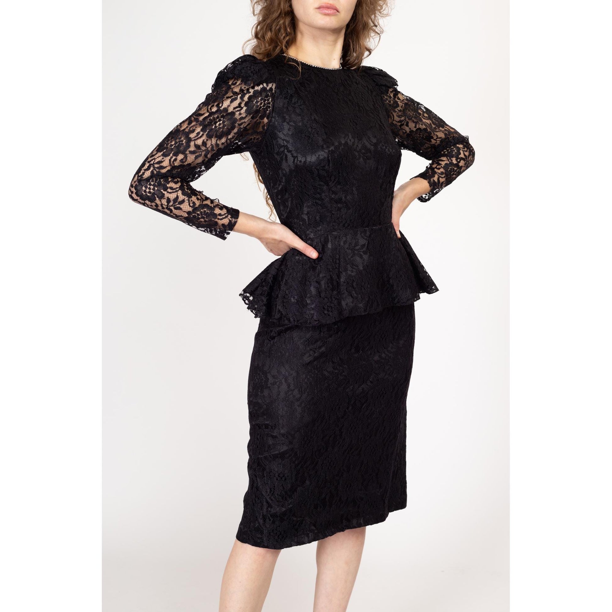 Small 80s Black Lace Backless Peplum Party Dress | Vintage Rhinestone Trim Fitted Waist Long Sleeve Midi Cocktail Dress