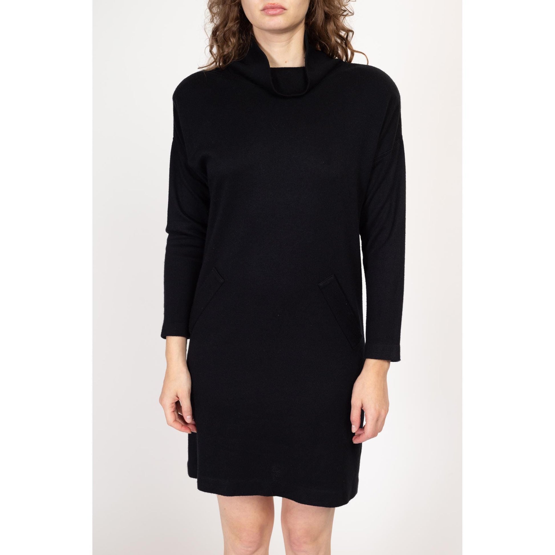 Medium 80s Black Knit Cowl Neck Mini Sweater Dress | Vintage Avant Garde Batwing Shoulder Pad Mockneck Dress