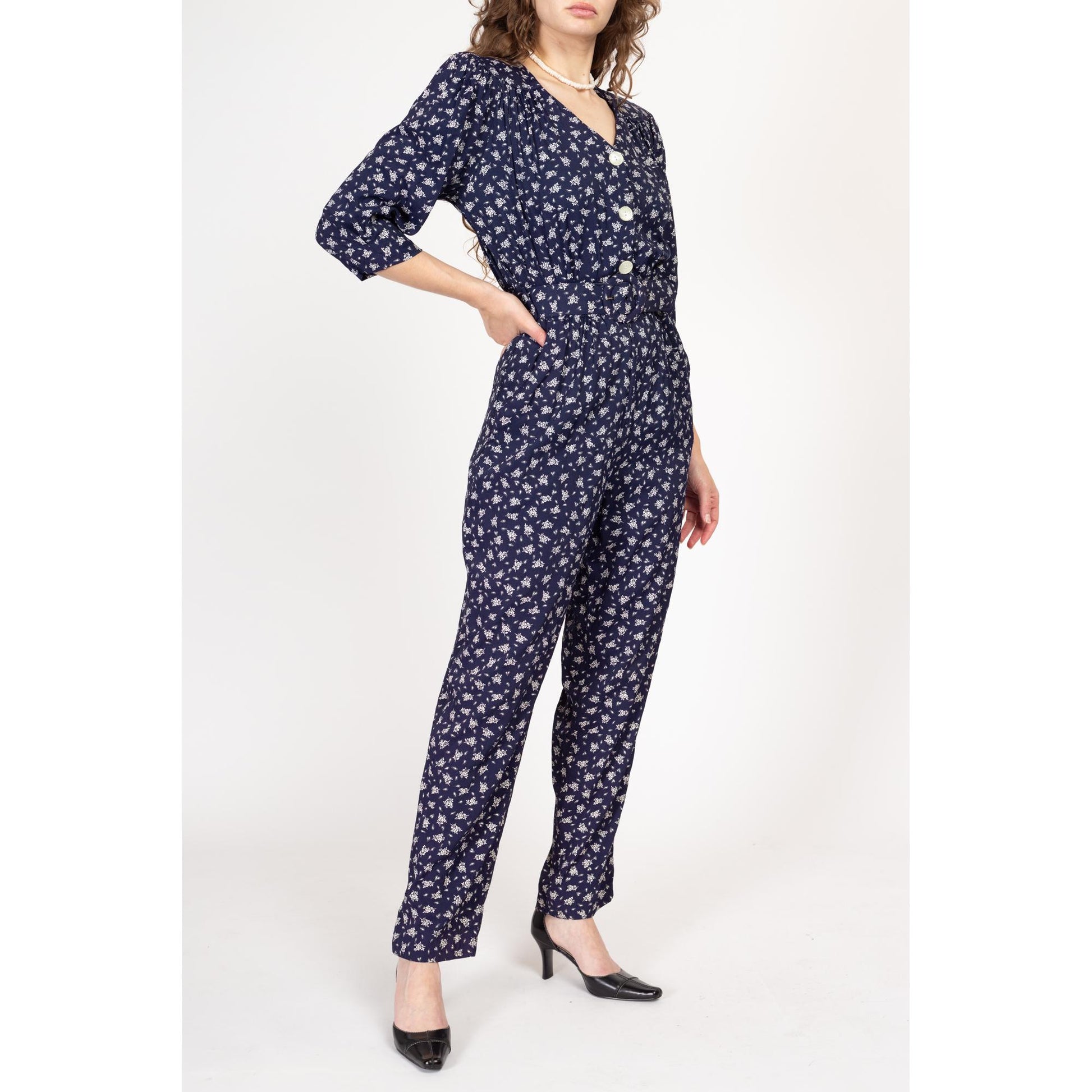 Sm-Med 80s Navy Blue Floral Belted Jumpsuit | Vintage Retro Long Sleeve Tapered Leg Pantsuit
