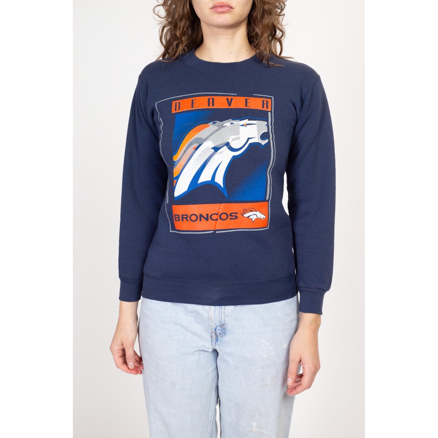 XS 90s Denver Broncos NFL Sweatshirt | Vintage Football Navy Blue Graphic Crewneck Pullover