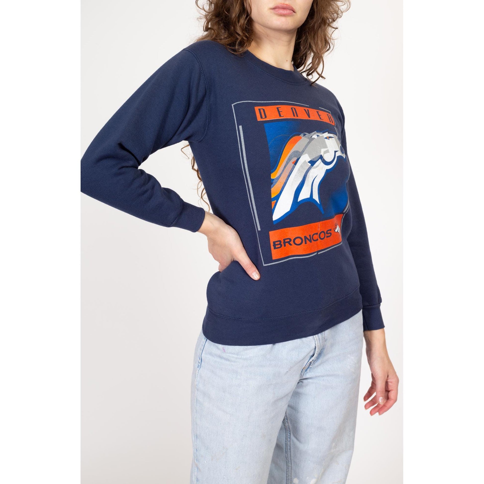 XS 90s Denver Broncos NFL Sweatshirt | Vintage Football Navy Blue Graphic Crewneck Pullover